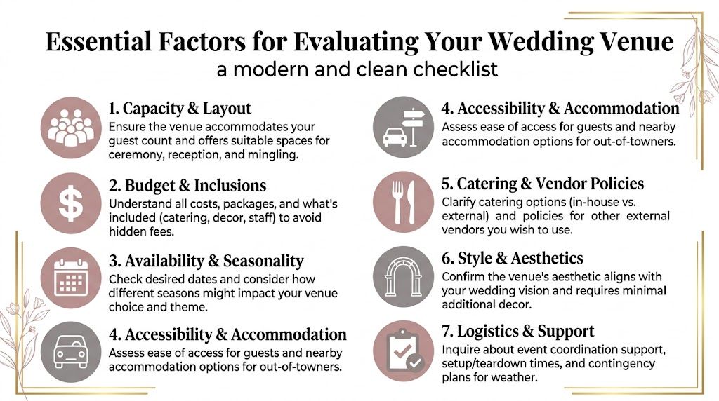 A wedding venue checklist infographic listing seven essential factors for couples to consider when choosing a location.