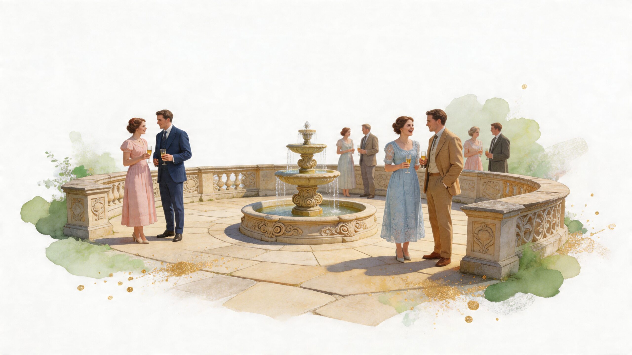 Elegant couple and guests socializing with champagne on a scenic stone terrace beside an ornate garden fountain.