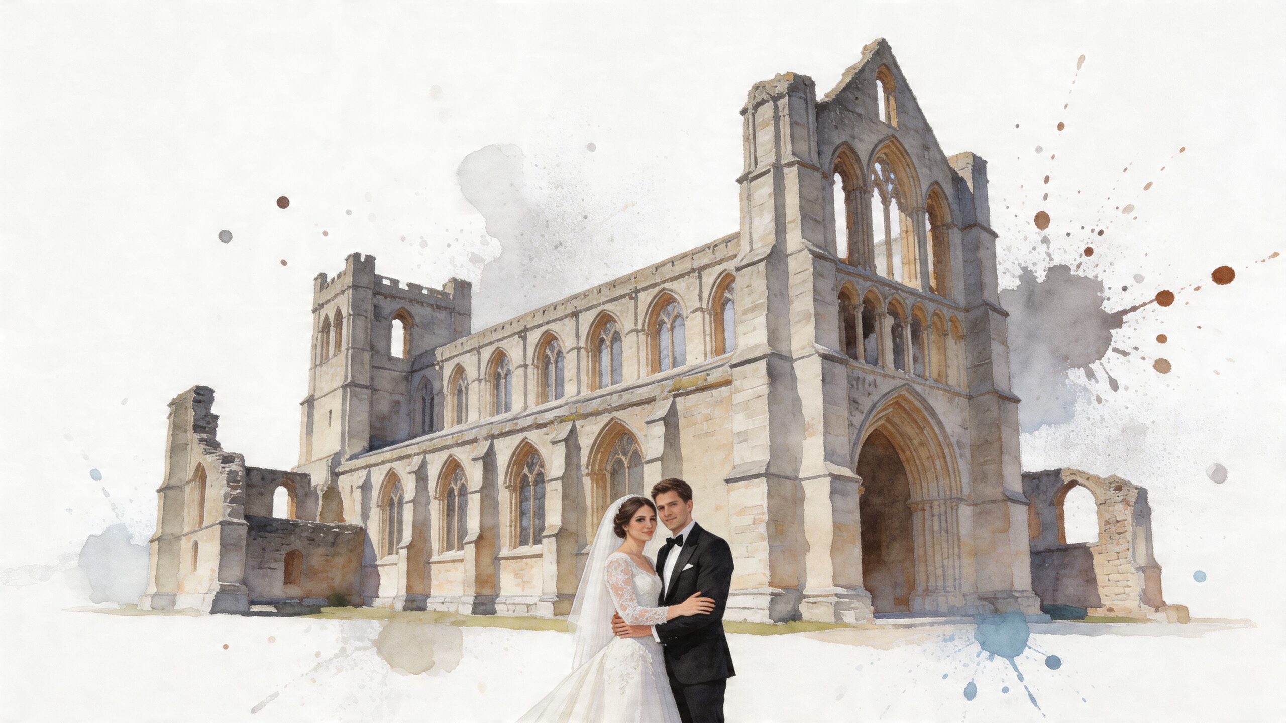 A couple in formal wedding attire posing for a portrait in front of a majestic historic church ruin.