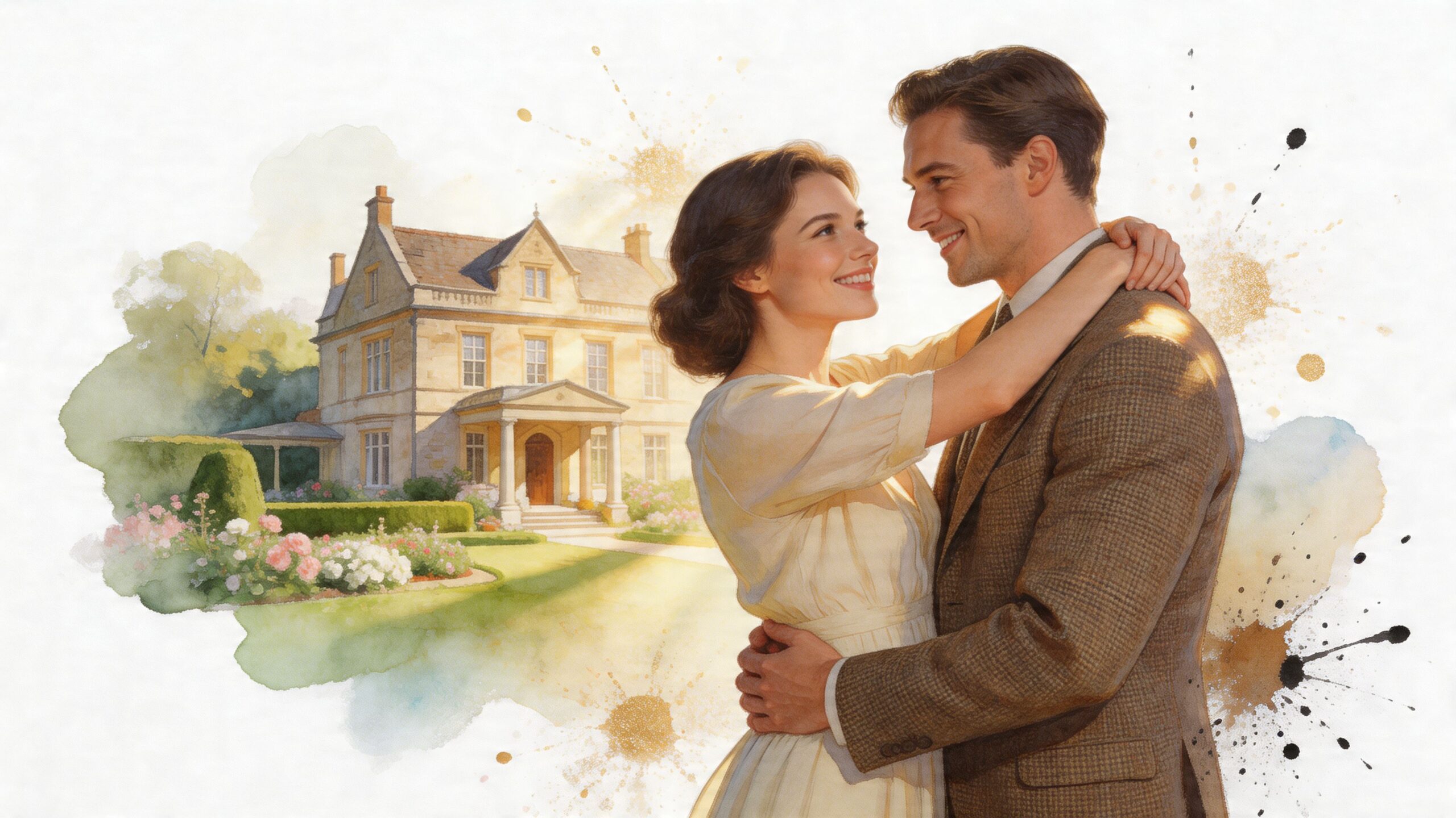 A romantic couple embracing in front of a beautiful country house set against a watercolor background.