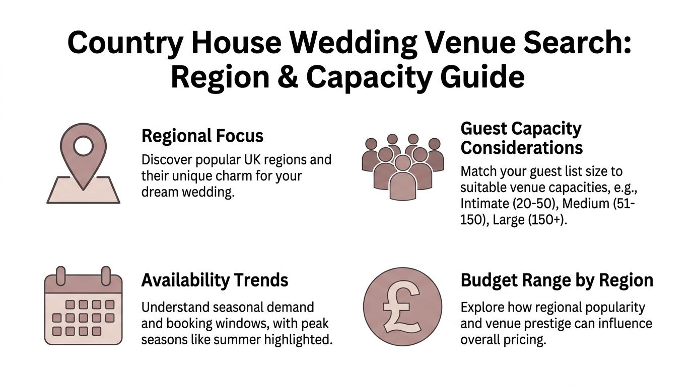 An infographic titled Country House Wedding Venue Search: Region and Capacity Guide featuring helpful planning categories.
