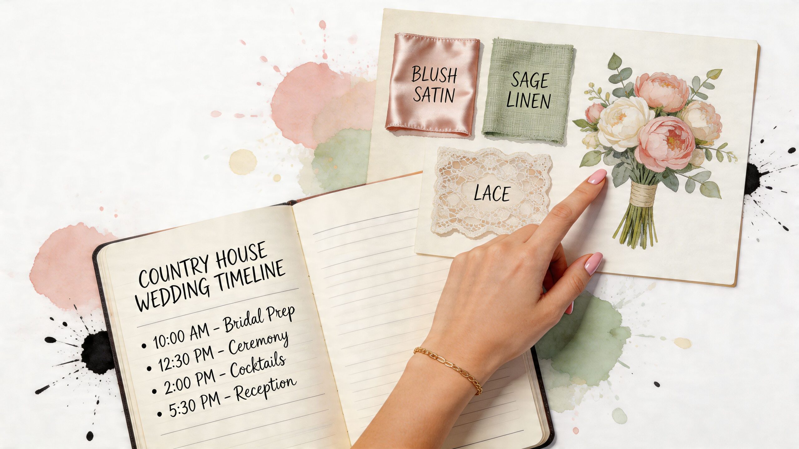 A hand pointing at a watercolor bouquet illustration on a country house wedding planning mood board.