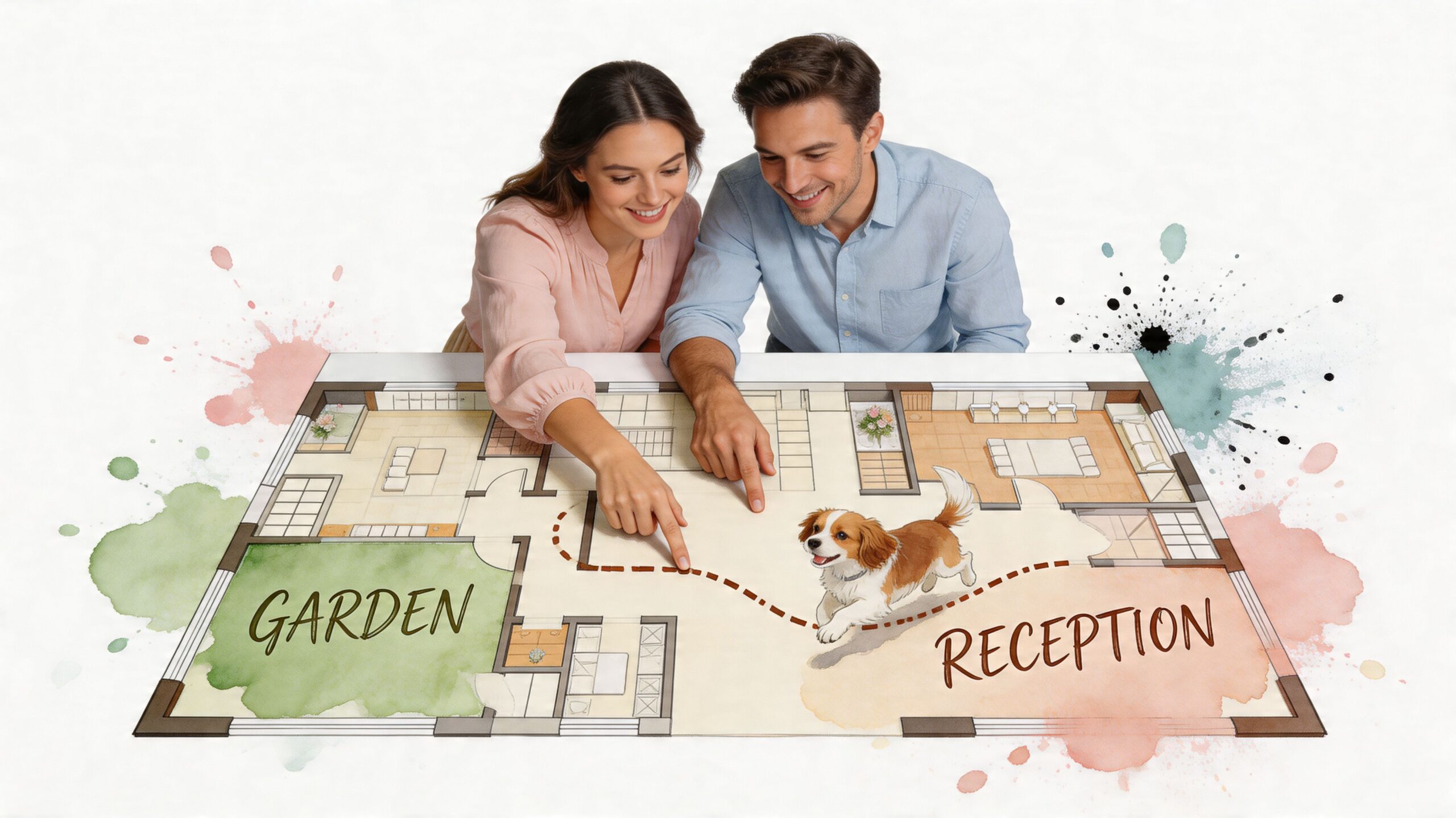 A happy couple looks over an architectural floor plan for their dog friendly wedding venue design.