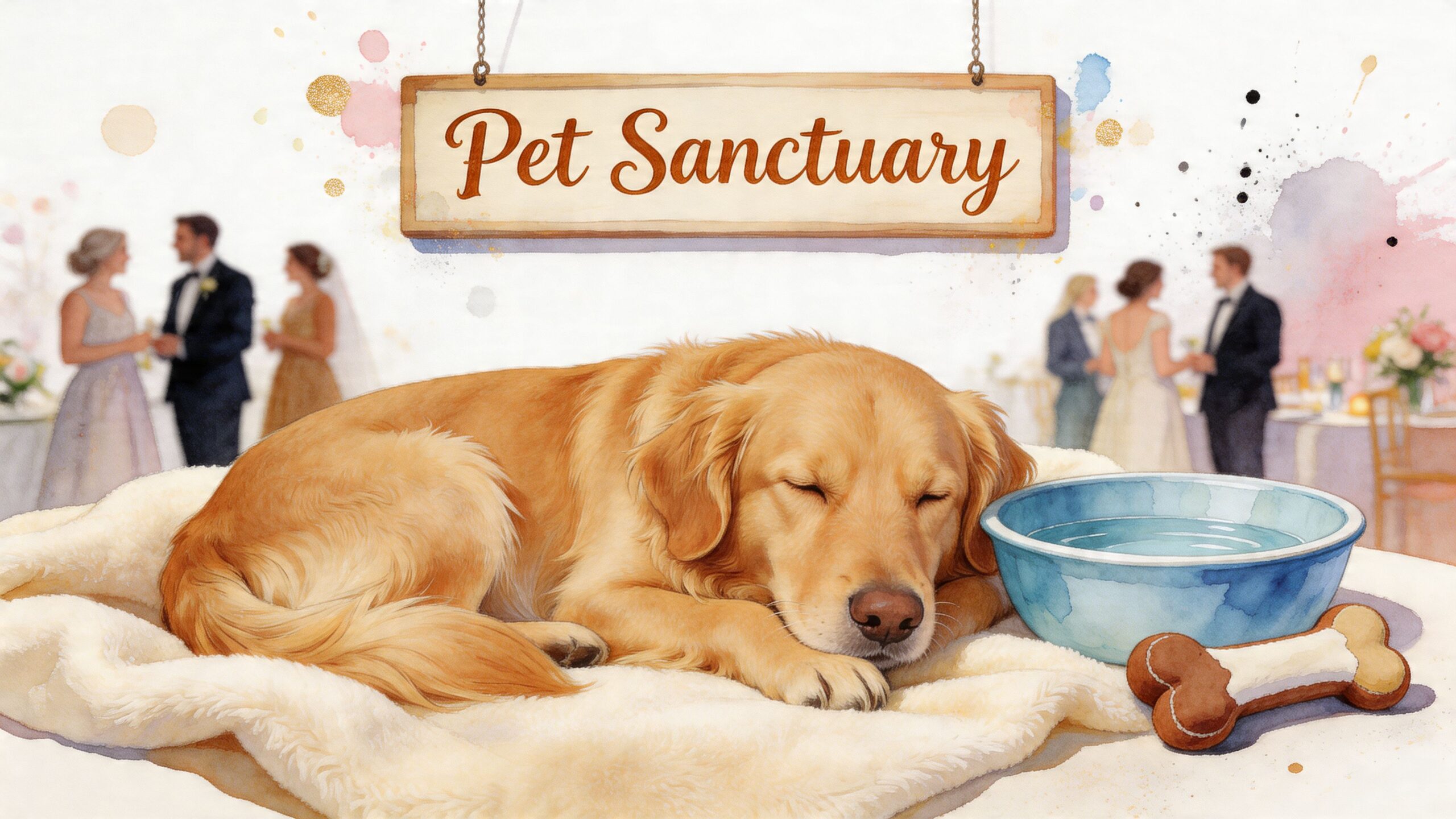 A golden retriever sleeps peacefully on a soft blanket next to a water bowl and dog toy.