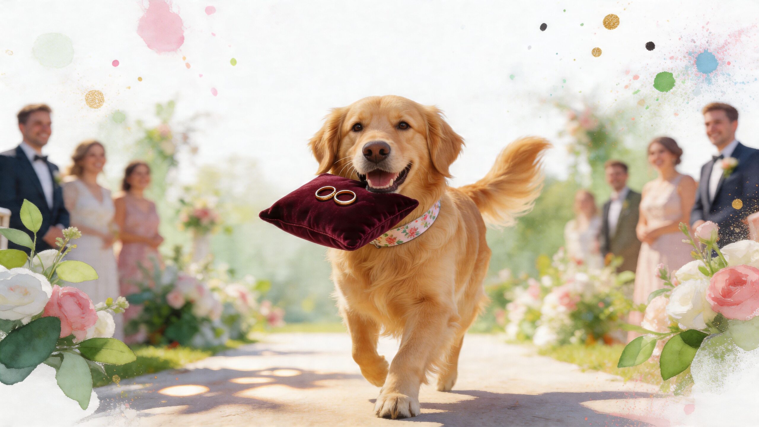 A happy Golden Retriever carrying a velvet ring pillow with wedding bands down an outdoor aisle.