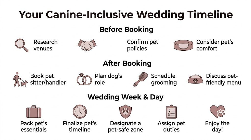 A wedding planning infographic detailing steps to include a pet in a dog-friendly wedding celebration.