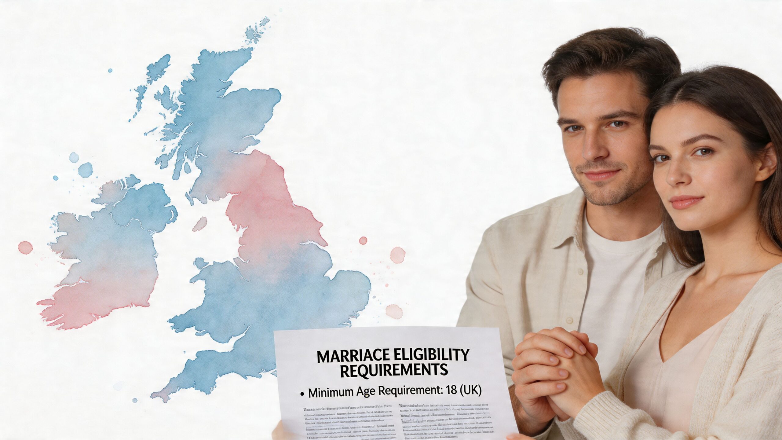 A couple holds a document showing UK marriage eligibility requirements with a map of the United Kingdom.