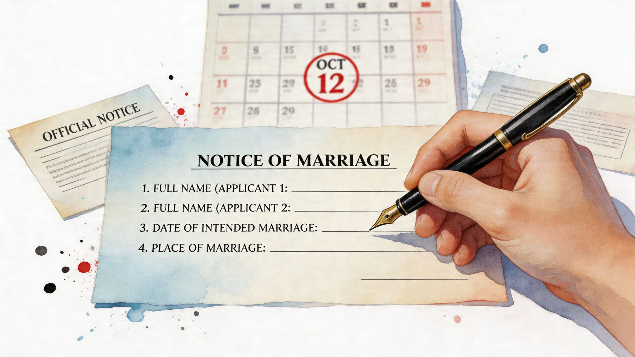 A person writing on a Notice of Marriage form with a fountain pen in front of a calendar.