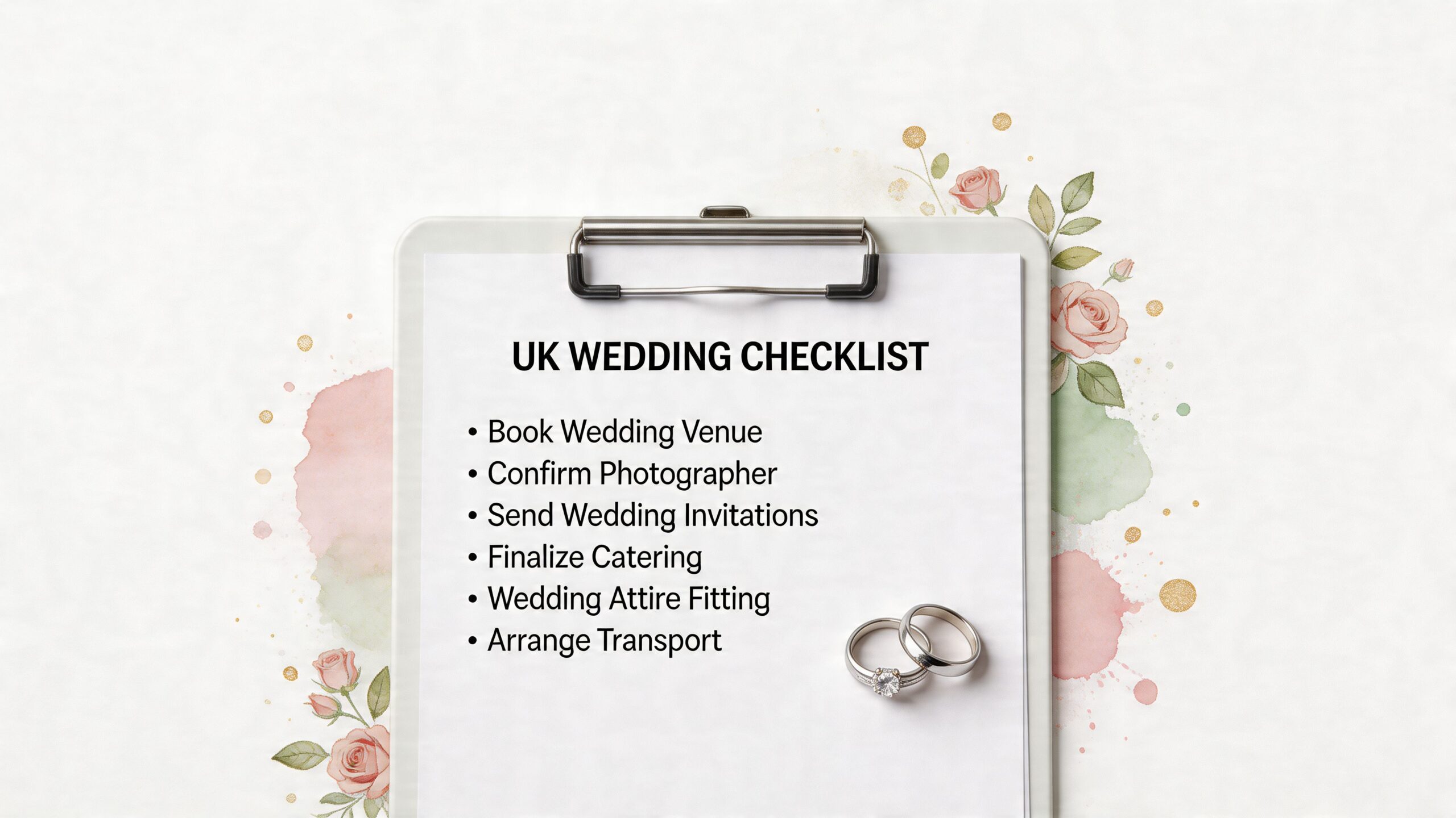 A clipboard with a UK wedding checklist and two diamond wedding rings resting on a floral background.