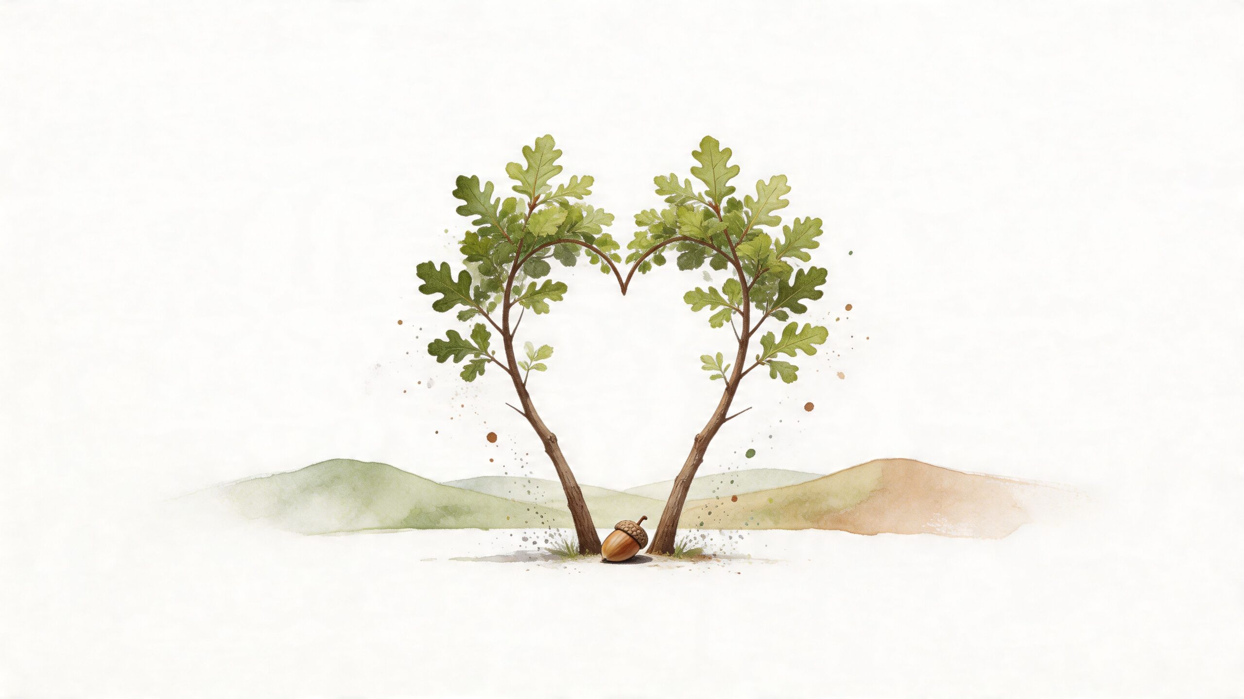 A watercolor illustration of two small oak trees forming a heart shape with an acorn at base.
