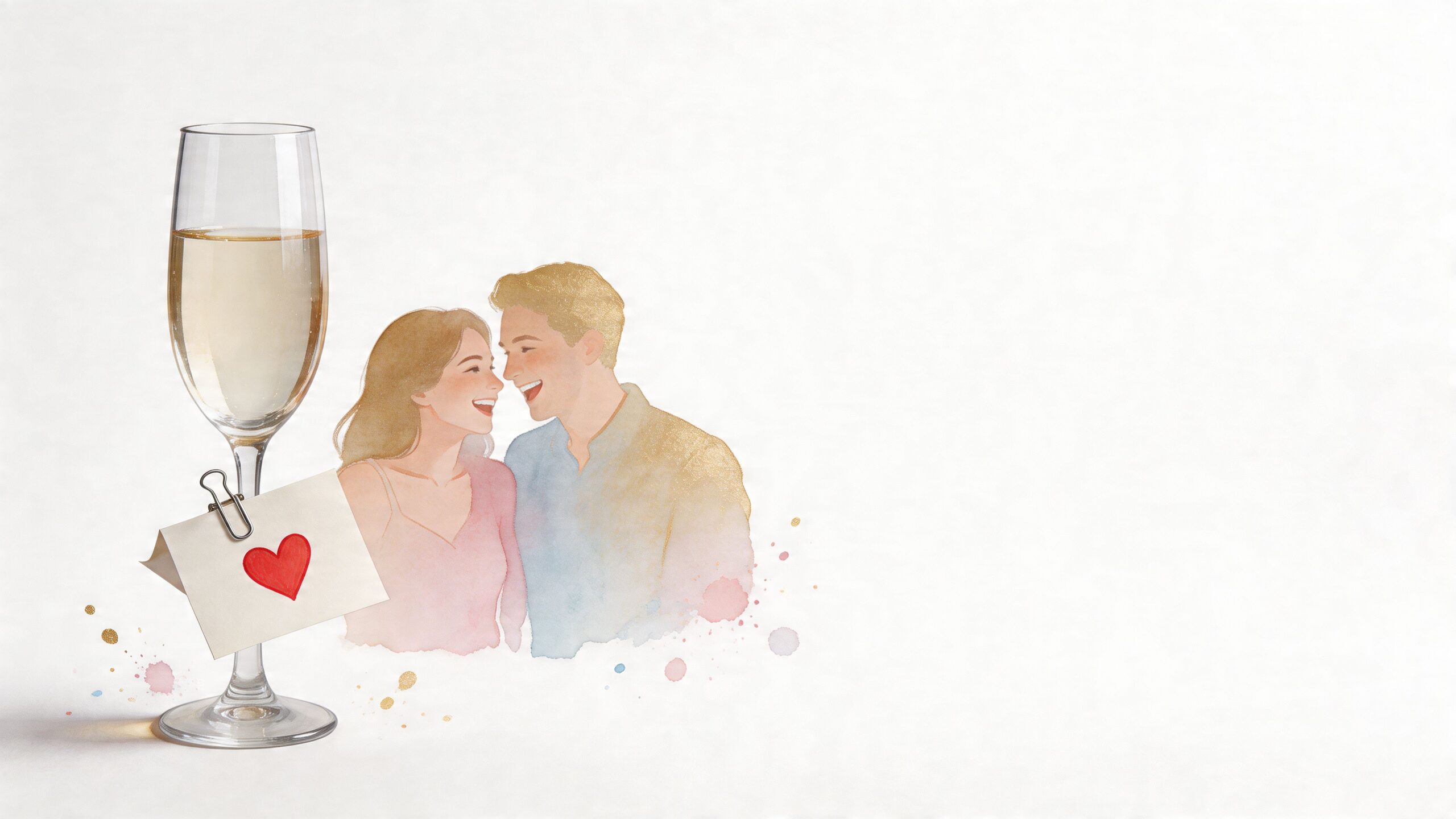 A watercolor illustration of a romantic couple and a champagne glass with a heart note.