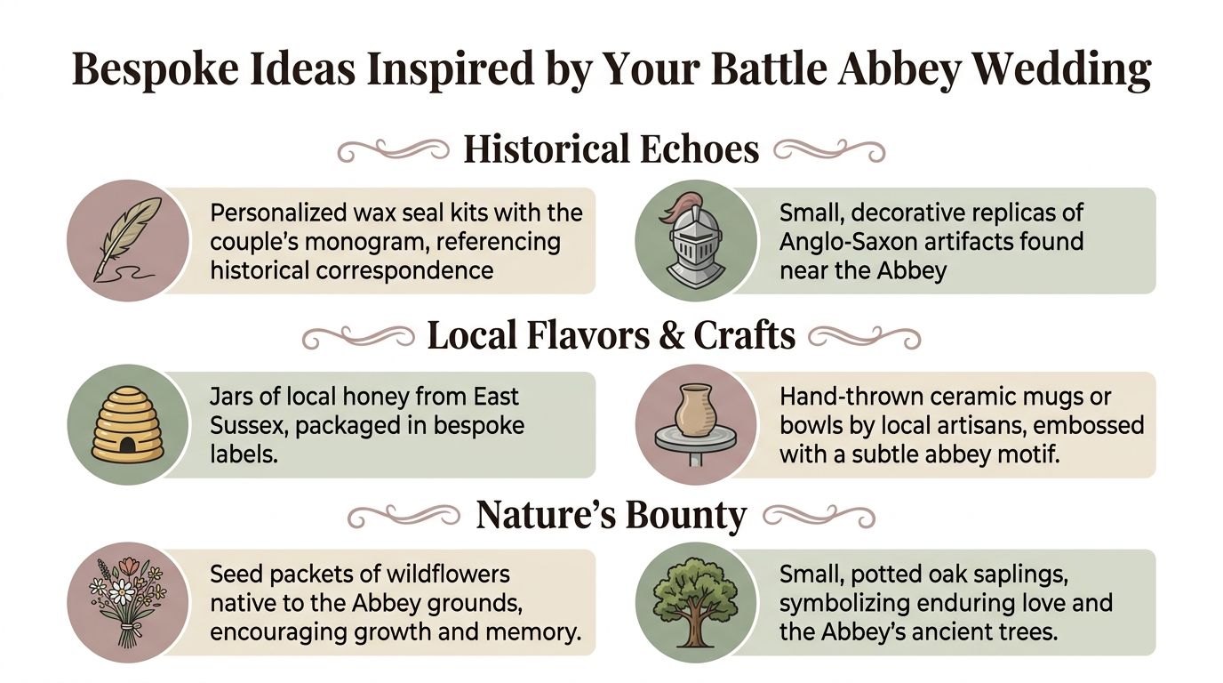 An infographic titled Bespoke Ideas Inspired by Your Battle Abbey Wedding showing unique gift suggestions for guests.