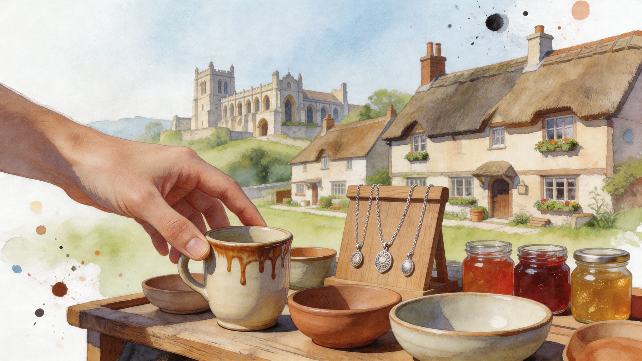 A hand reaching for a ceramic mug on a table display with jewelry and jars in England.