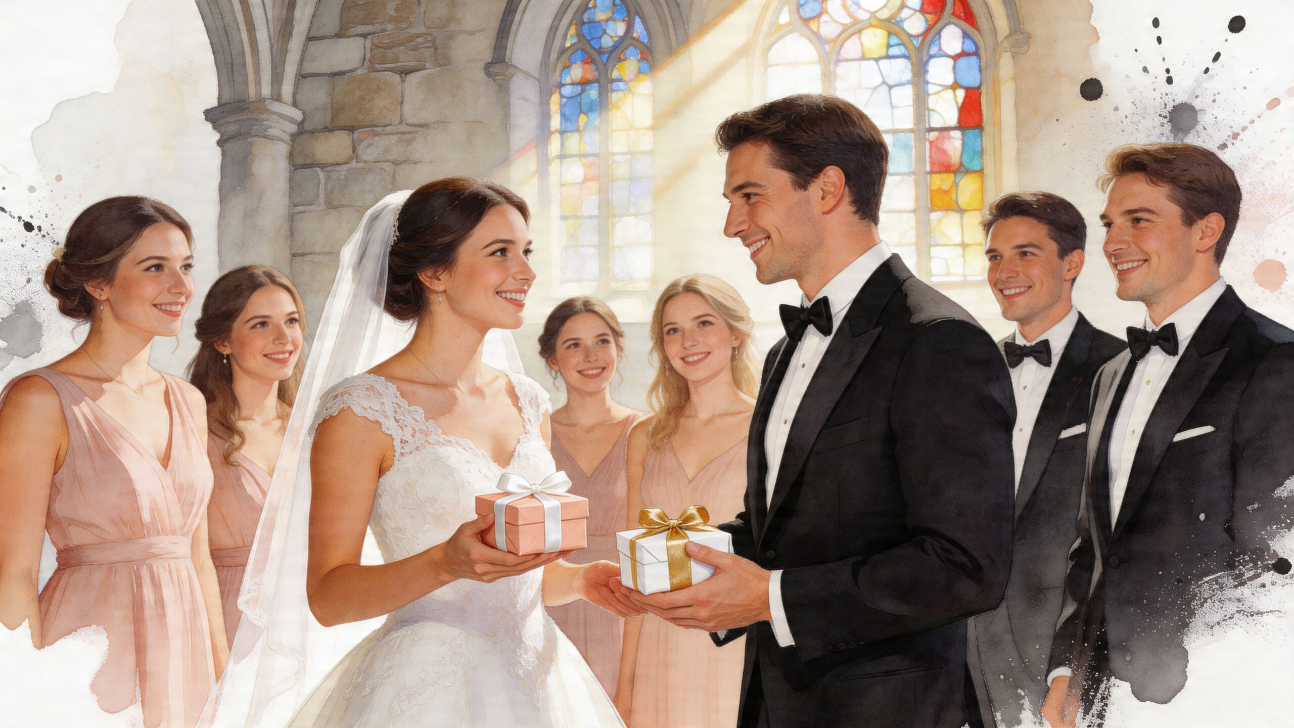 A bride and groom exchange thank you presents with their bridesmaids and groomsmen at their church wedding.