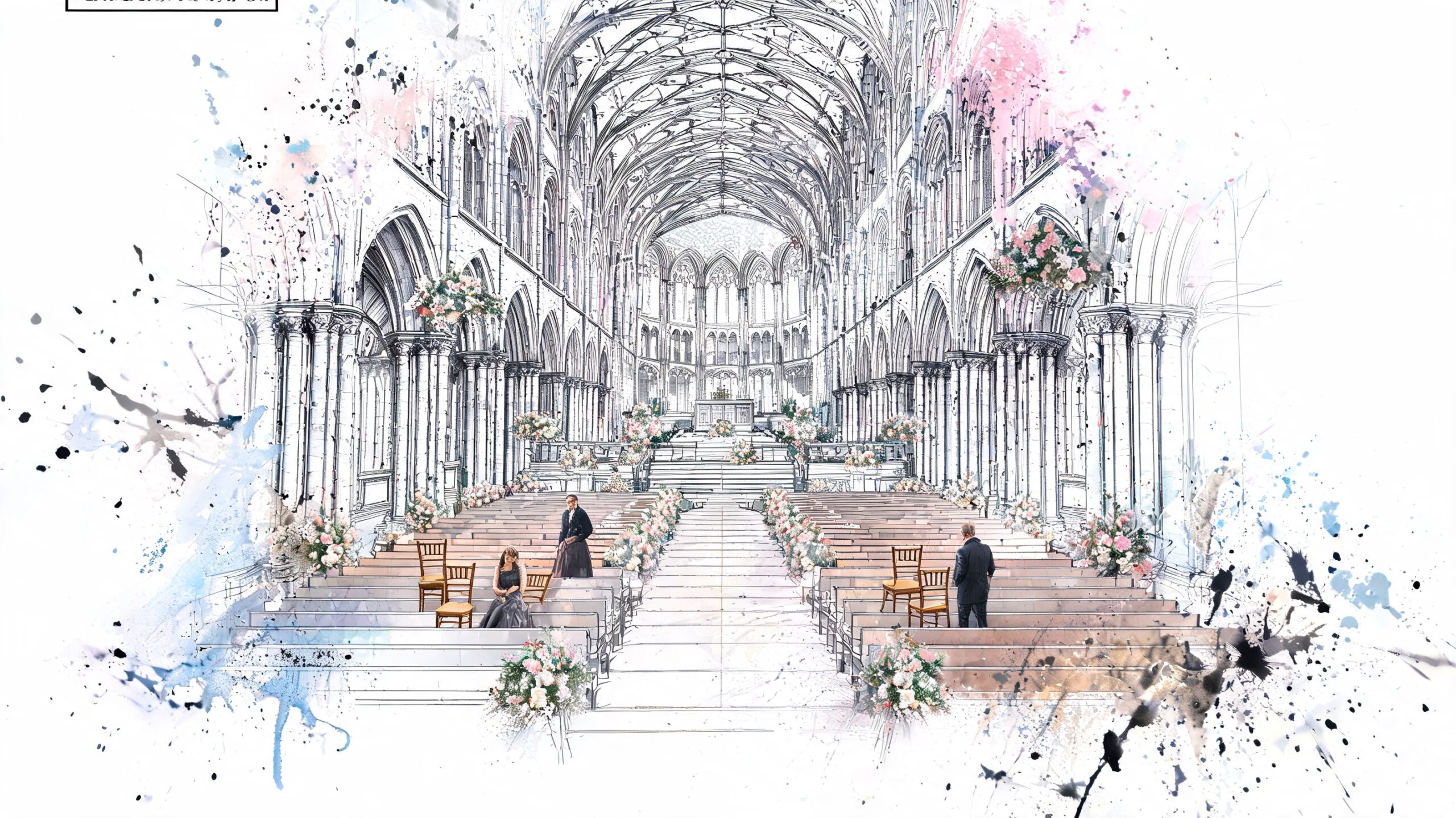 An artistic sketch of a grand cathedral interior arranged with theatre style seating for a wedding ceremony.
