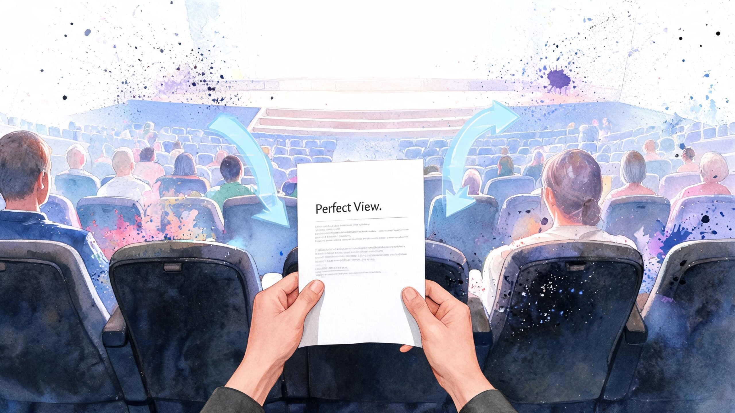 A first-person view of a person holding a paper labeled Perfect View in a crowded theater.