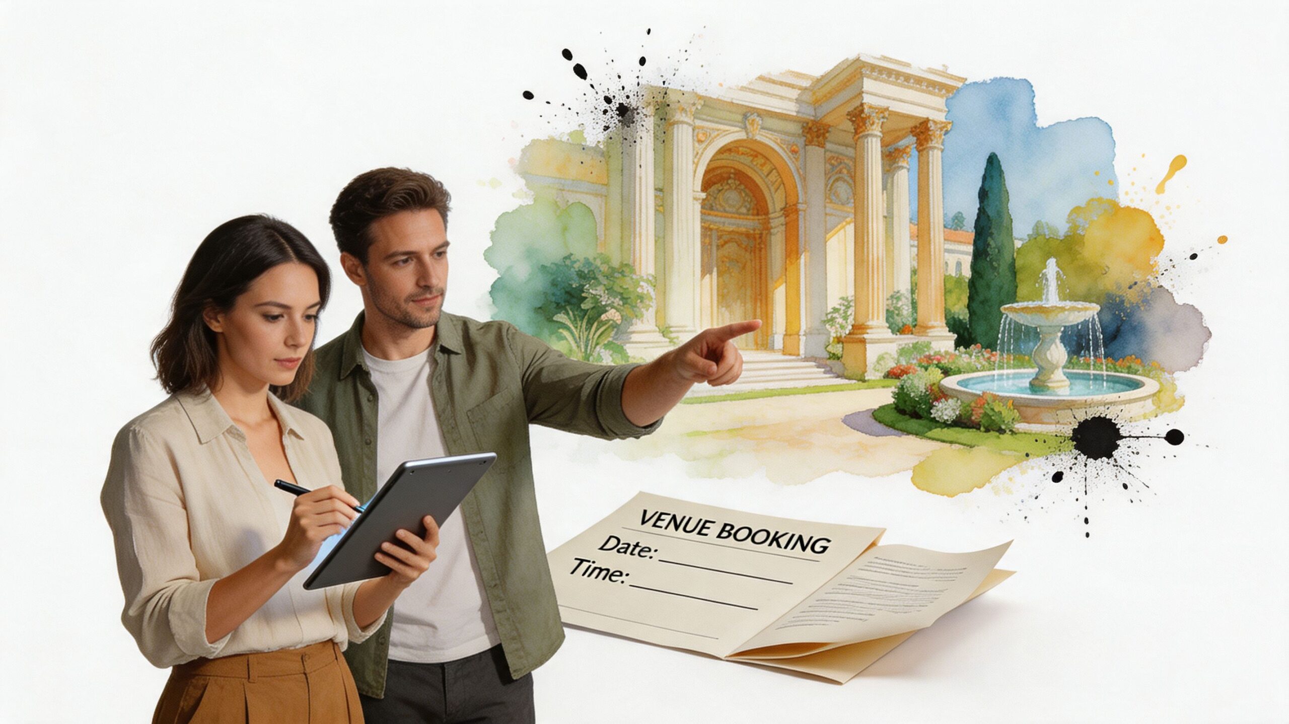 A couple plans a wedding event using a digital tablet while reviewing a watercolor illustration of venue.