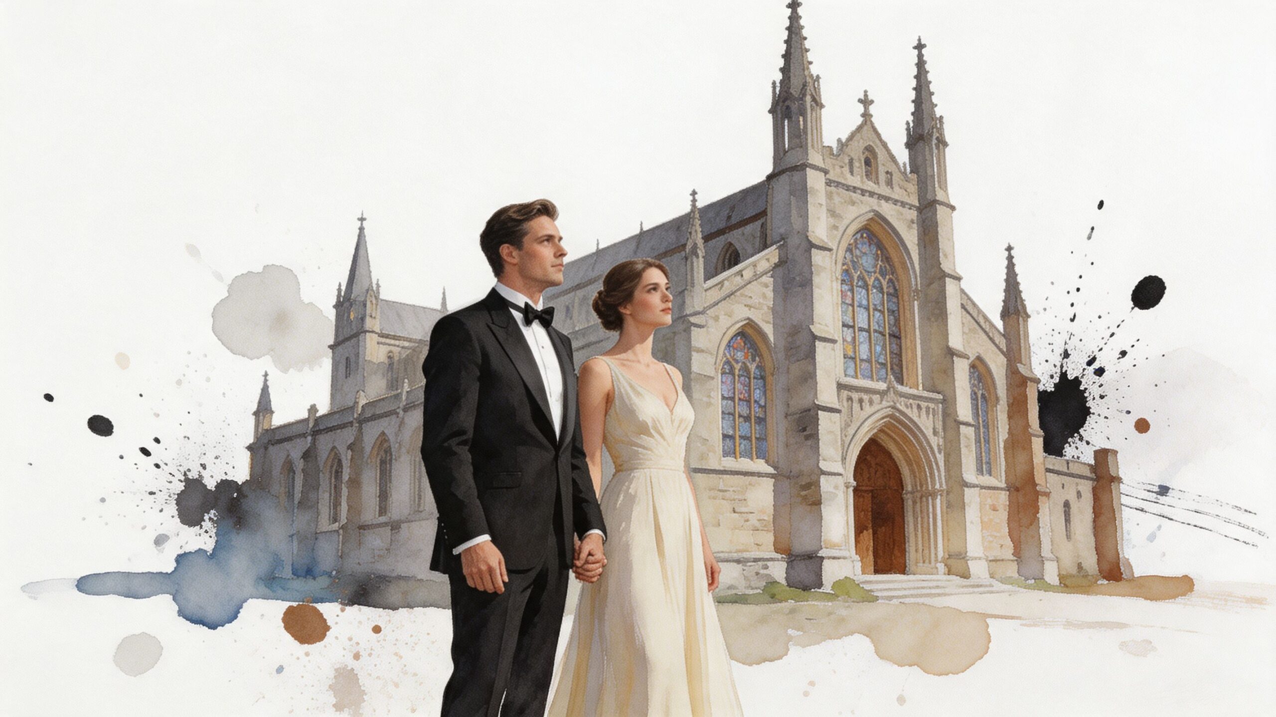 A newlywed couple in formal attire standing gracefully in front of a beautiful historic stone church.
