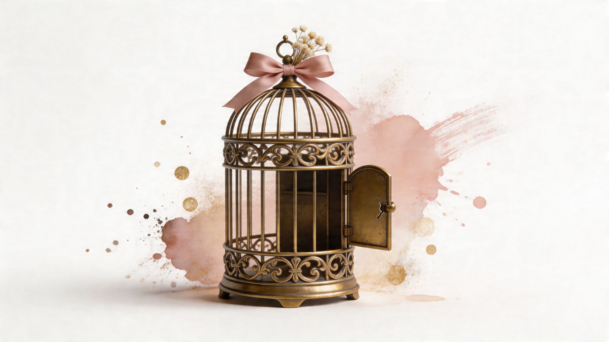 A decorative vintage brass birdcage with a pink ribbon and flowers, perfect for wedding card storage.