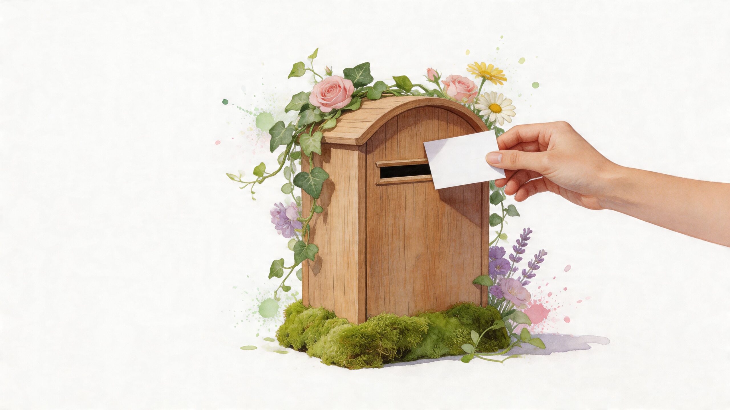 A hand placing a white envelope into a wooden mailbox decorated with flowers and moss