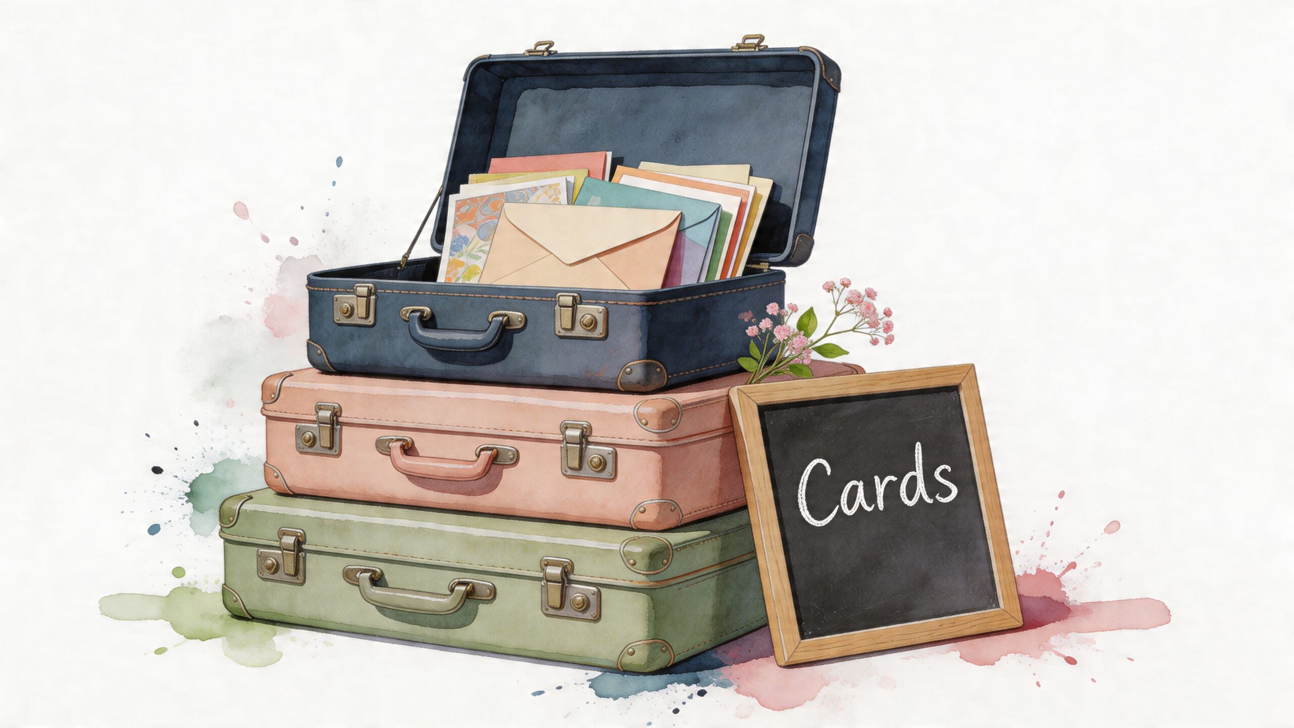 A stack of three vintage suitcases with the top one open holding greeting cards, next to a chalkboard sign.