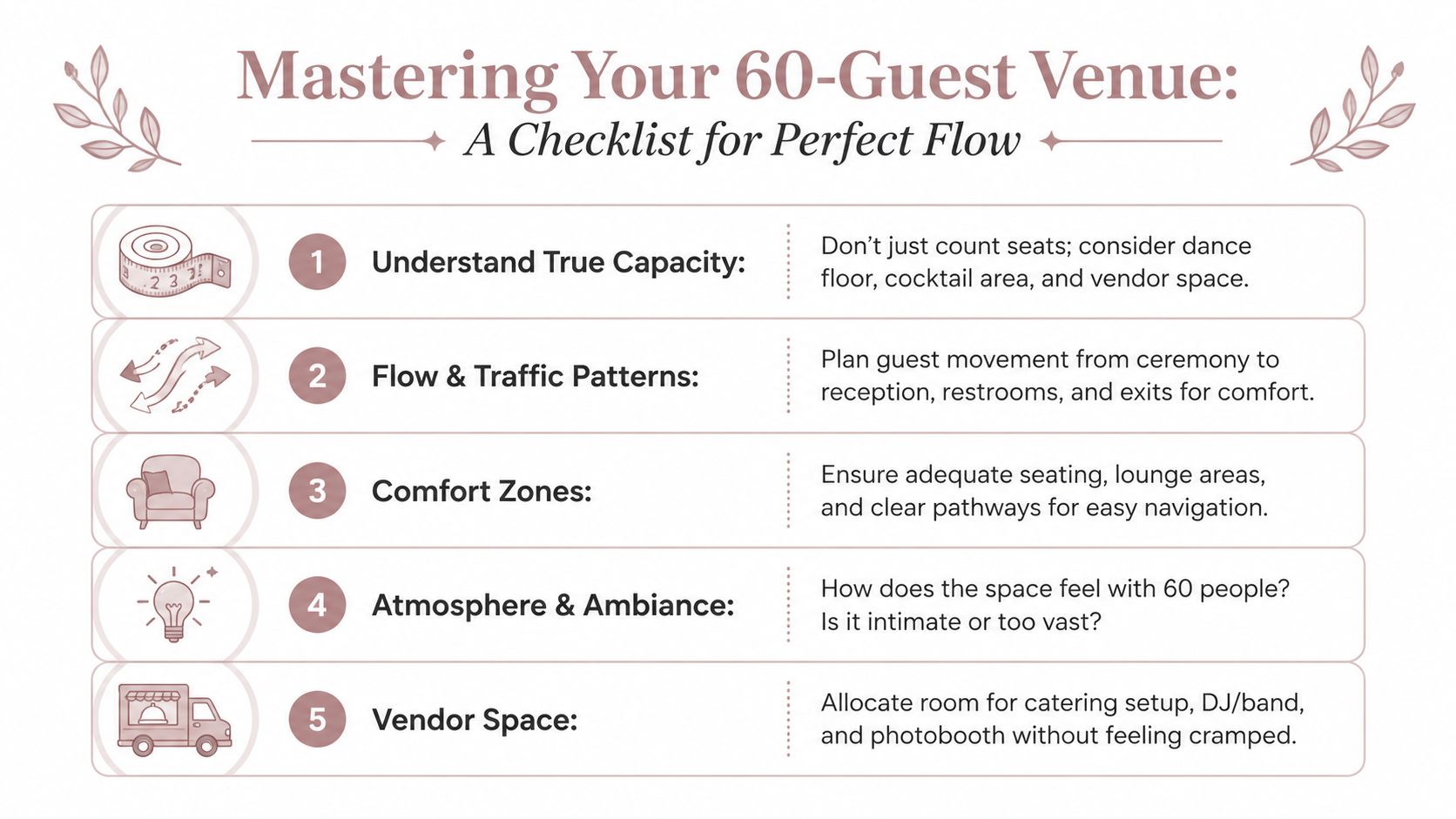 A checklist infographic offering five tips for mastering the flow and capacity of a 60-guest wedding venue.