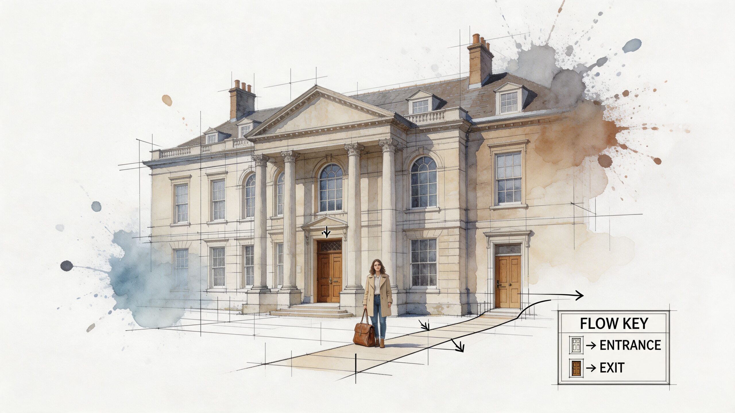 A watercolor architectural drawing of a grand historical mansion building with a woman standing in front.