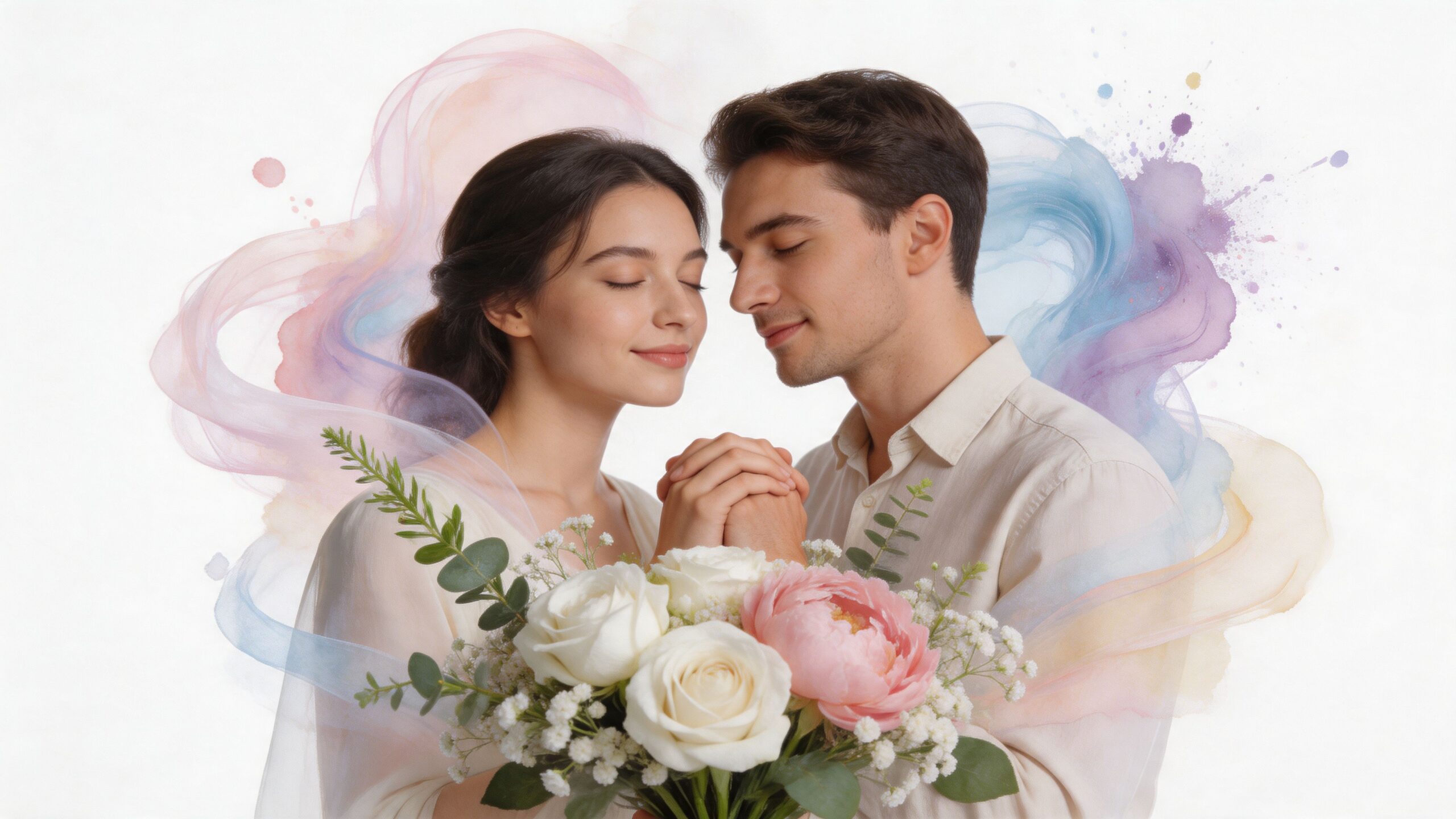 A romantic couple holding hands with eyes closed behind a bouquet of white roses and pink peonies.