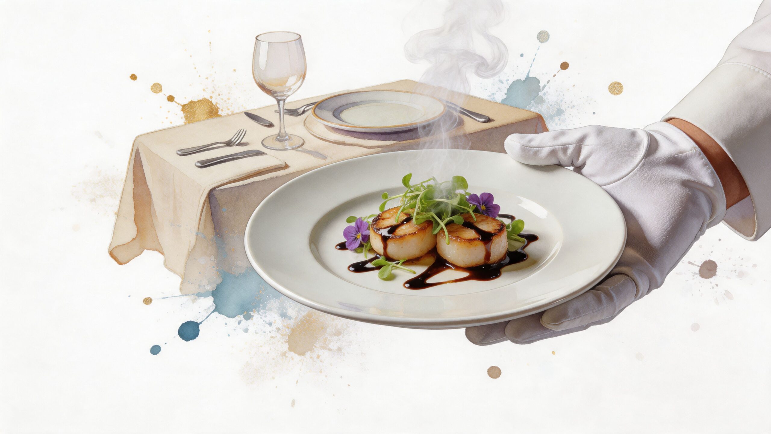 A waiter in white gloves serves a plate of seared scallops with fresh herbs and garnish.