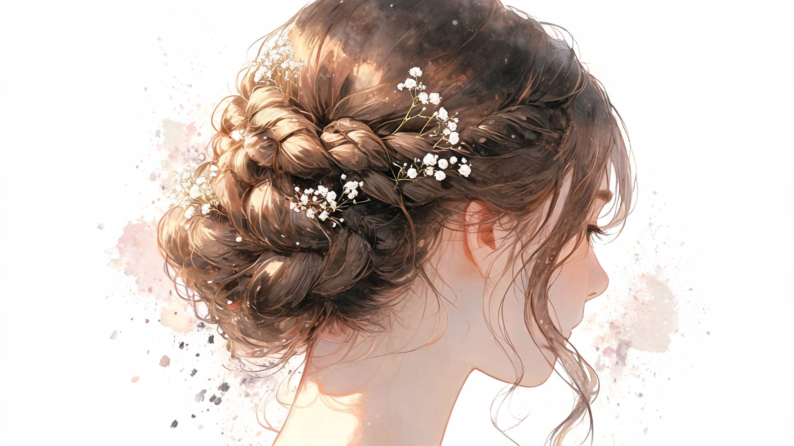 A profile view of a woman wearing an elegant braided updo hairstyle adorned with small white flowers.