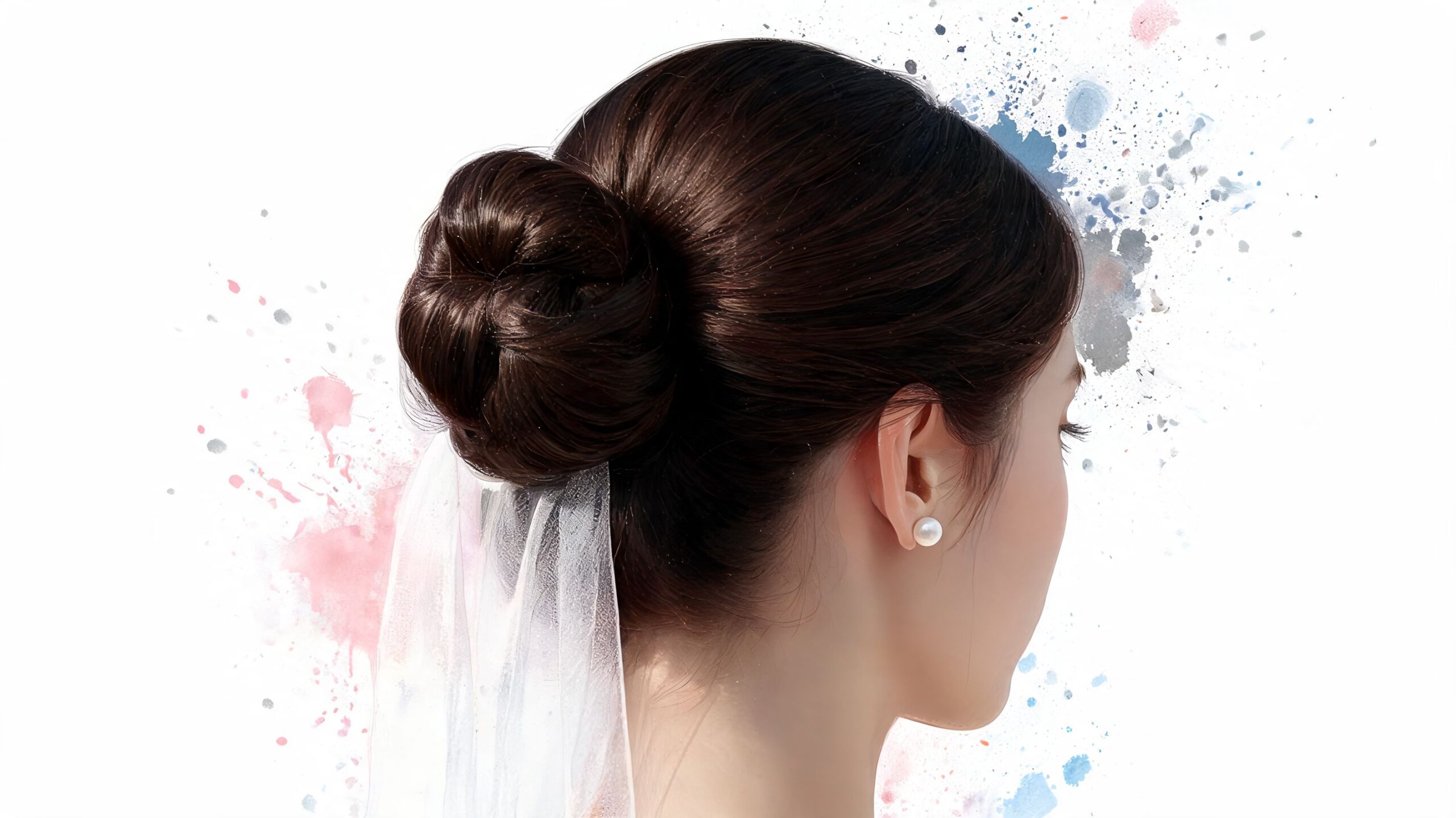 Elegant bridal hair updo with a classic bun and a white veil against a watercolor background