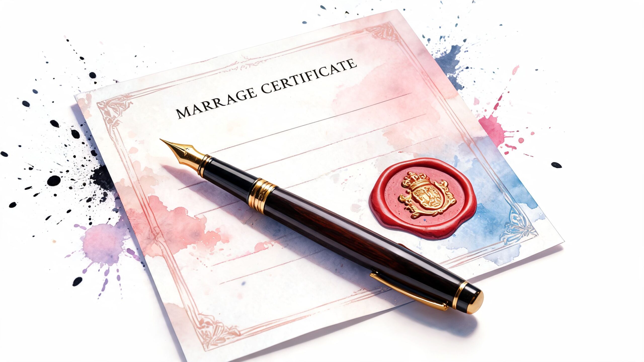 A marriage certificate document with a decorative wax seal and a fountain pen on a white background.