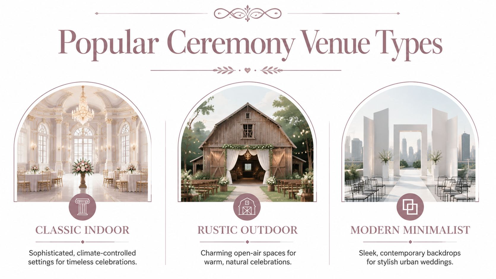An infographic displays three popular wedding ceremony venue types: classic indoor, rustic outdoor, and modern minimalist.