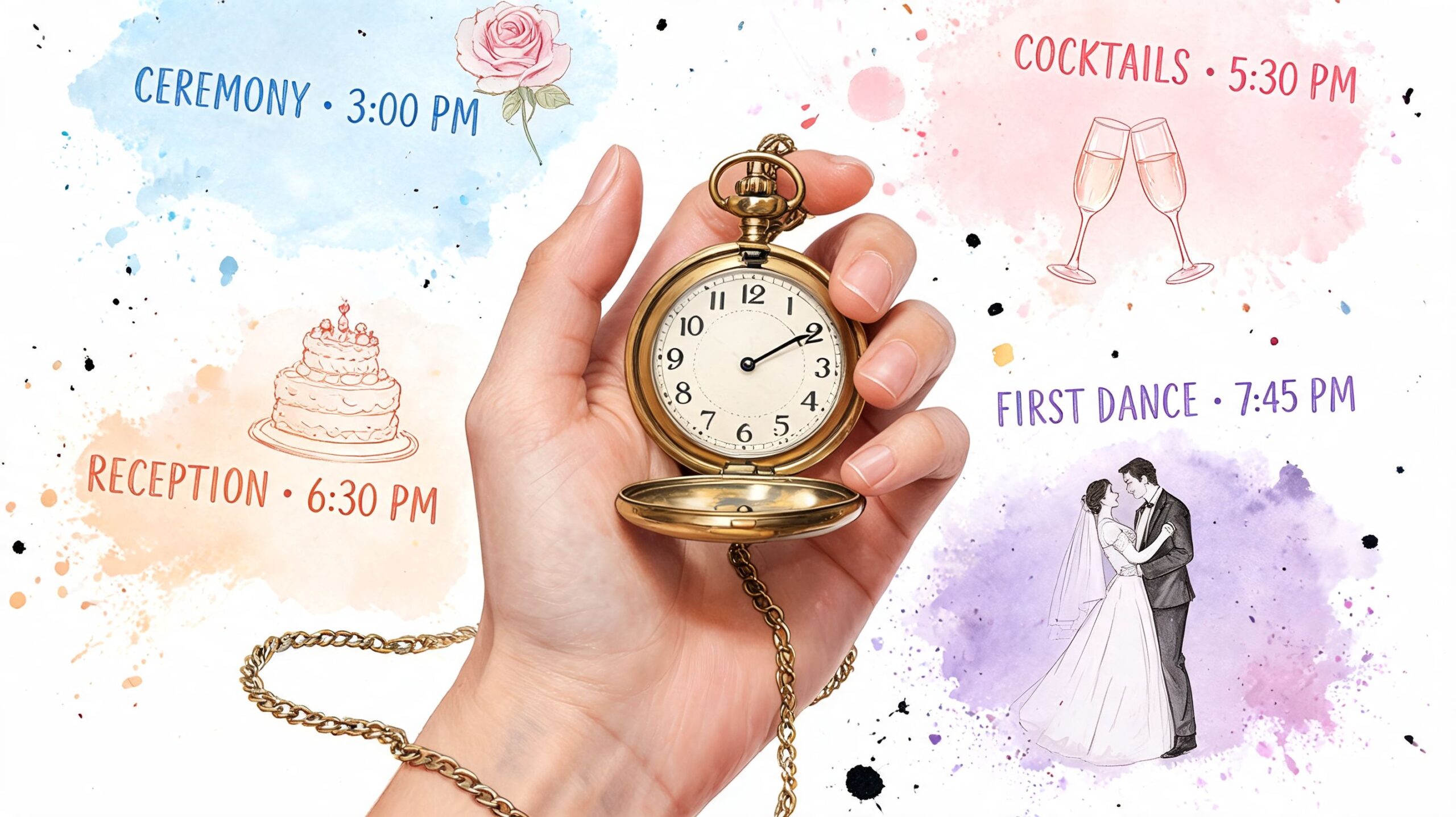 A hand holding a vintage pocket watch surrounded by wedding schedule illustrations on watercolor background.