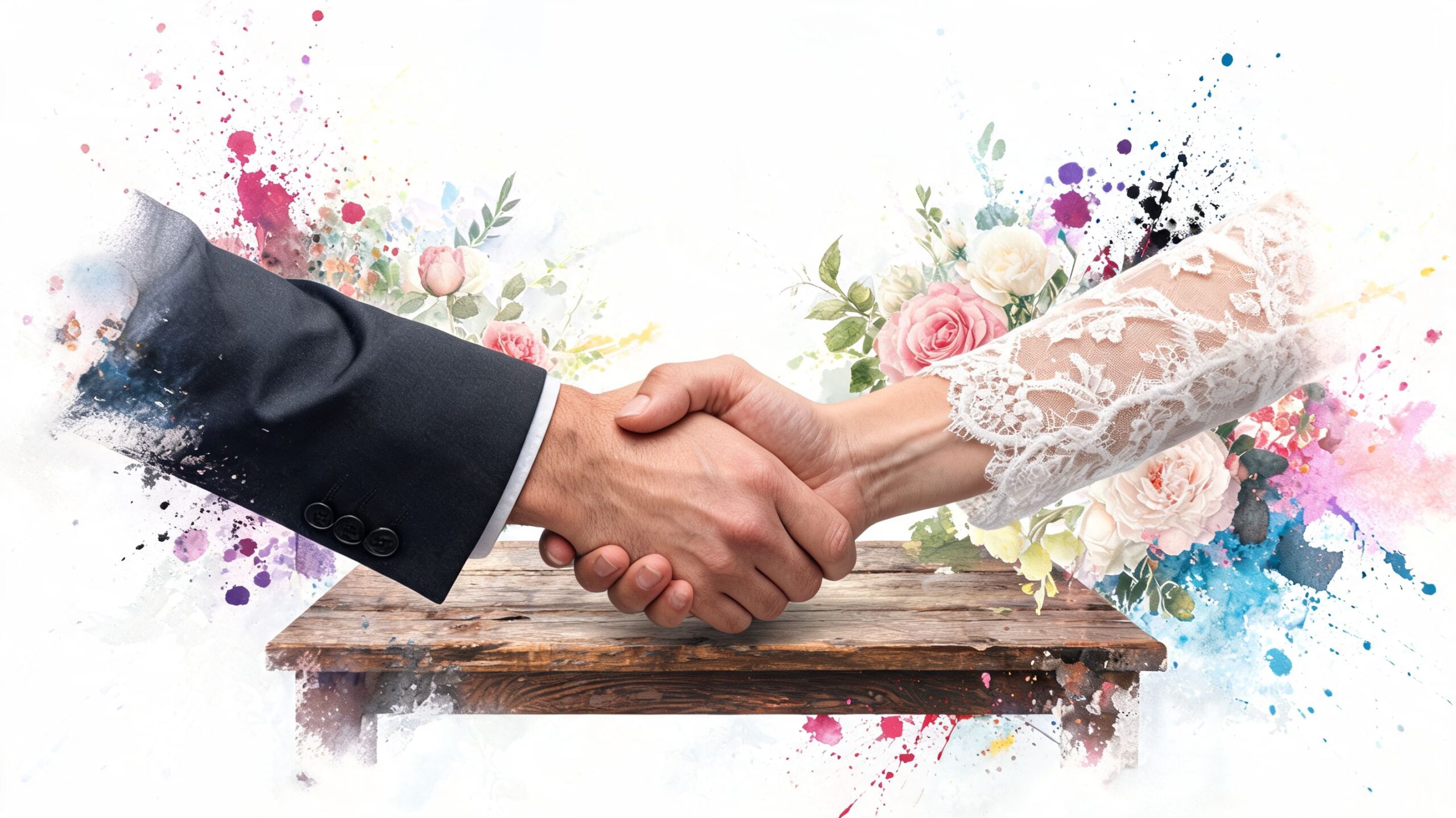 A groom in a dark suit and a bride in a lace dress shaking hands over a wooden table.