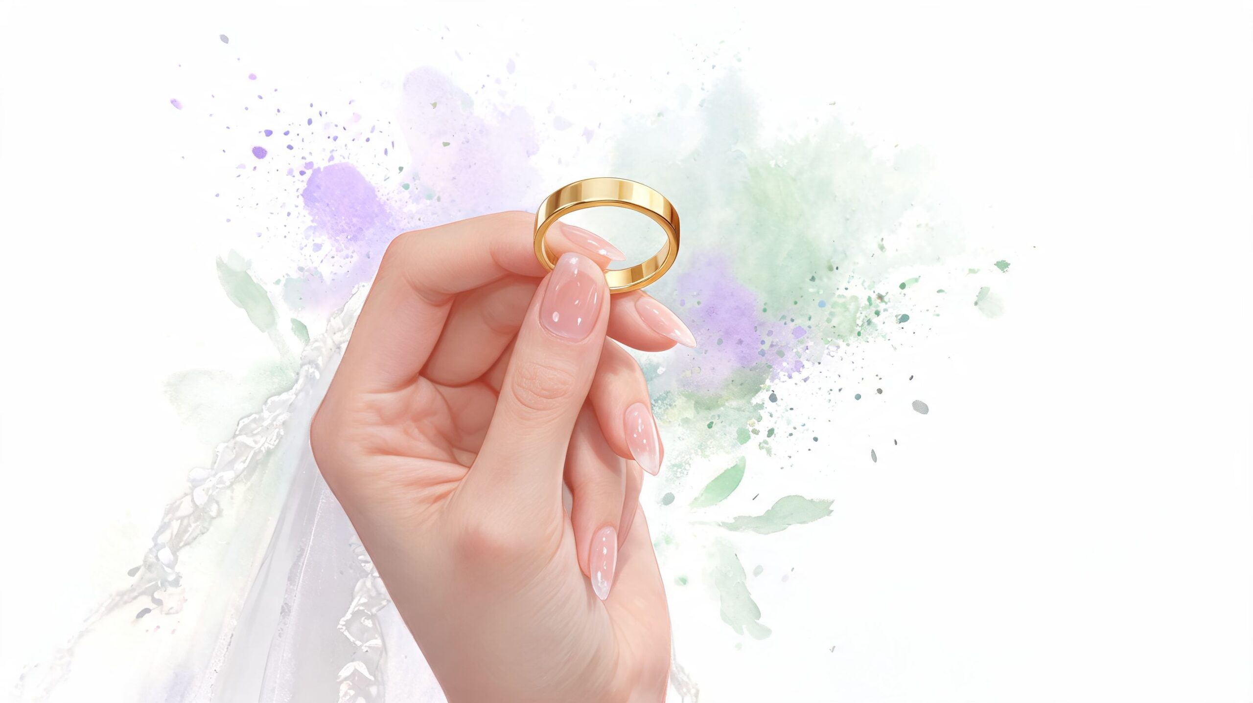 A delicate hand holding a classic gold wedding band against a beautiful soft watercolor background.