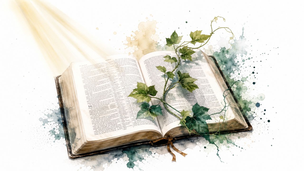 An open Bible with a green ivy vine resting on pages under a soft heavenly light beam.