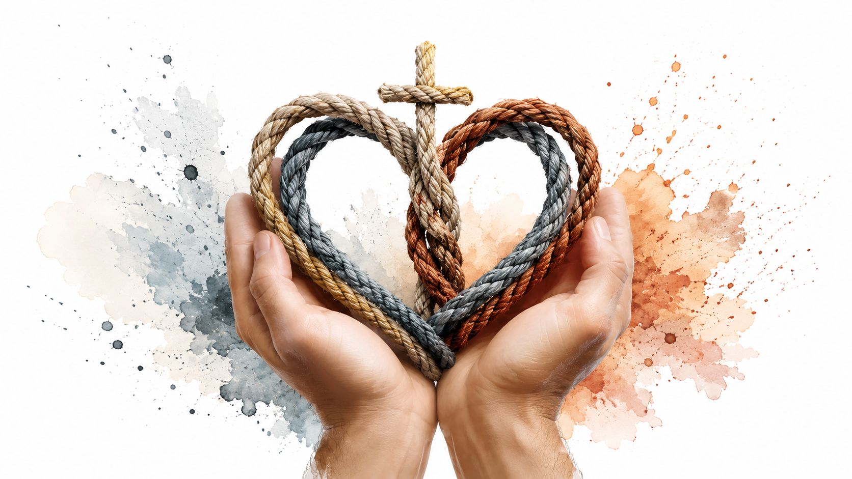 Two hands cupped together holding a heart shape made of intertwined ropes forming a cross symbol.