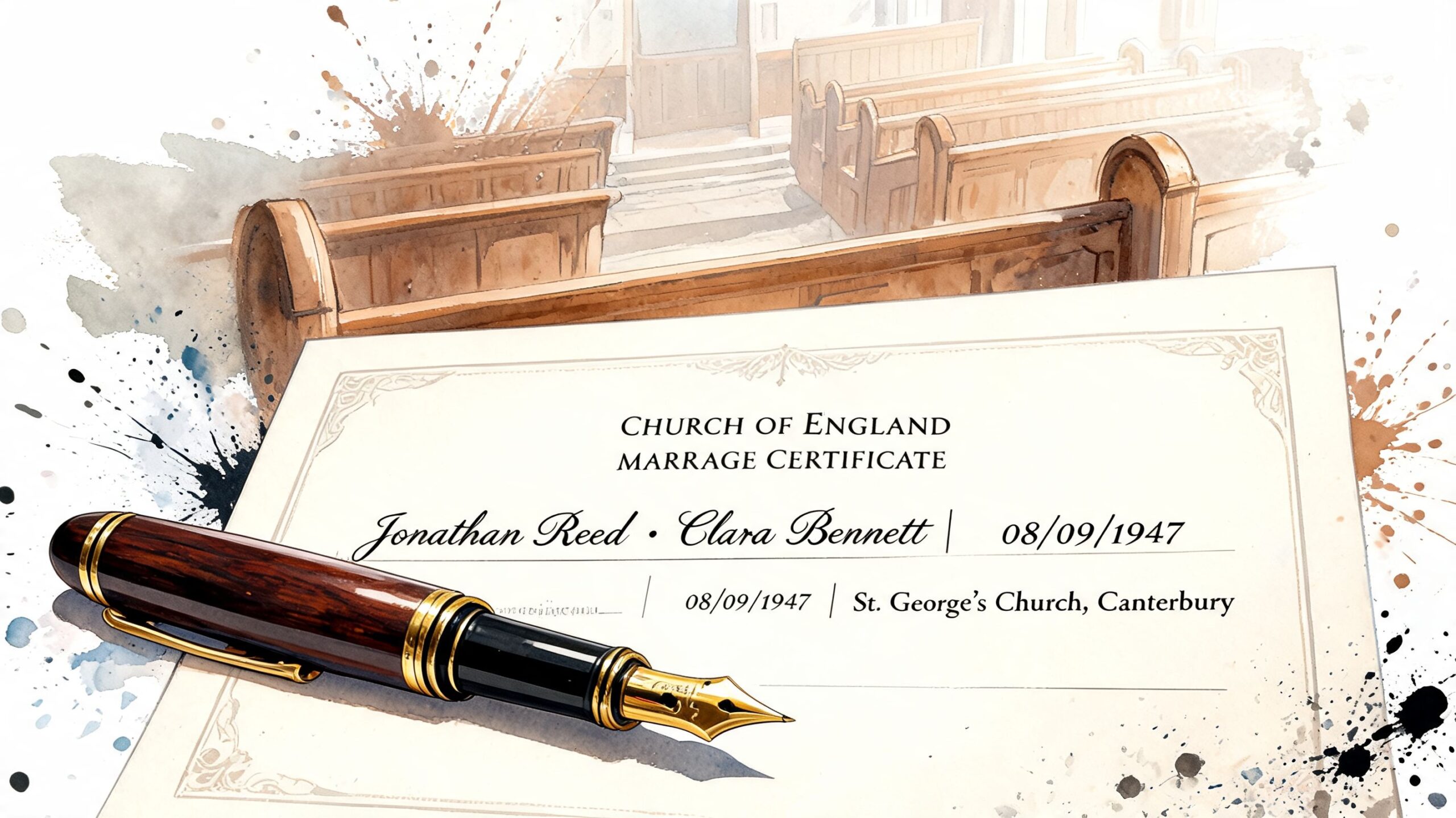 A marriage certificate for Jonathan Reed and Clara Bennett resting on a table with a fountain pen.