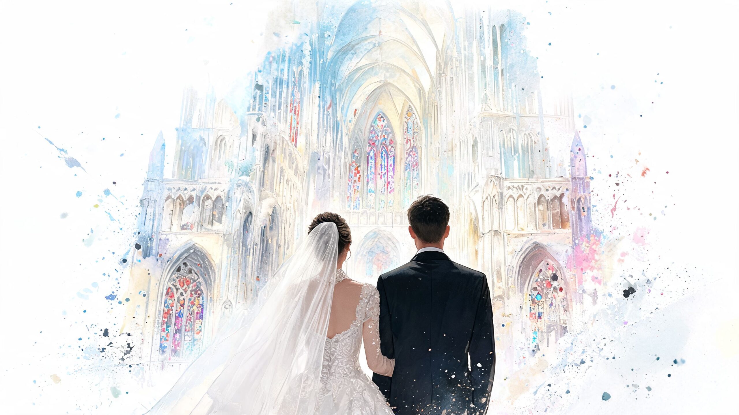 A bride and groom standing together while facing a beautiful, watercolor-style cathedral interior for their wedding day.