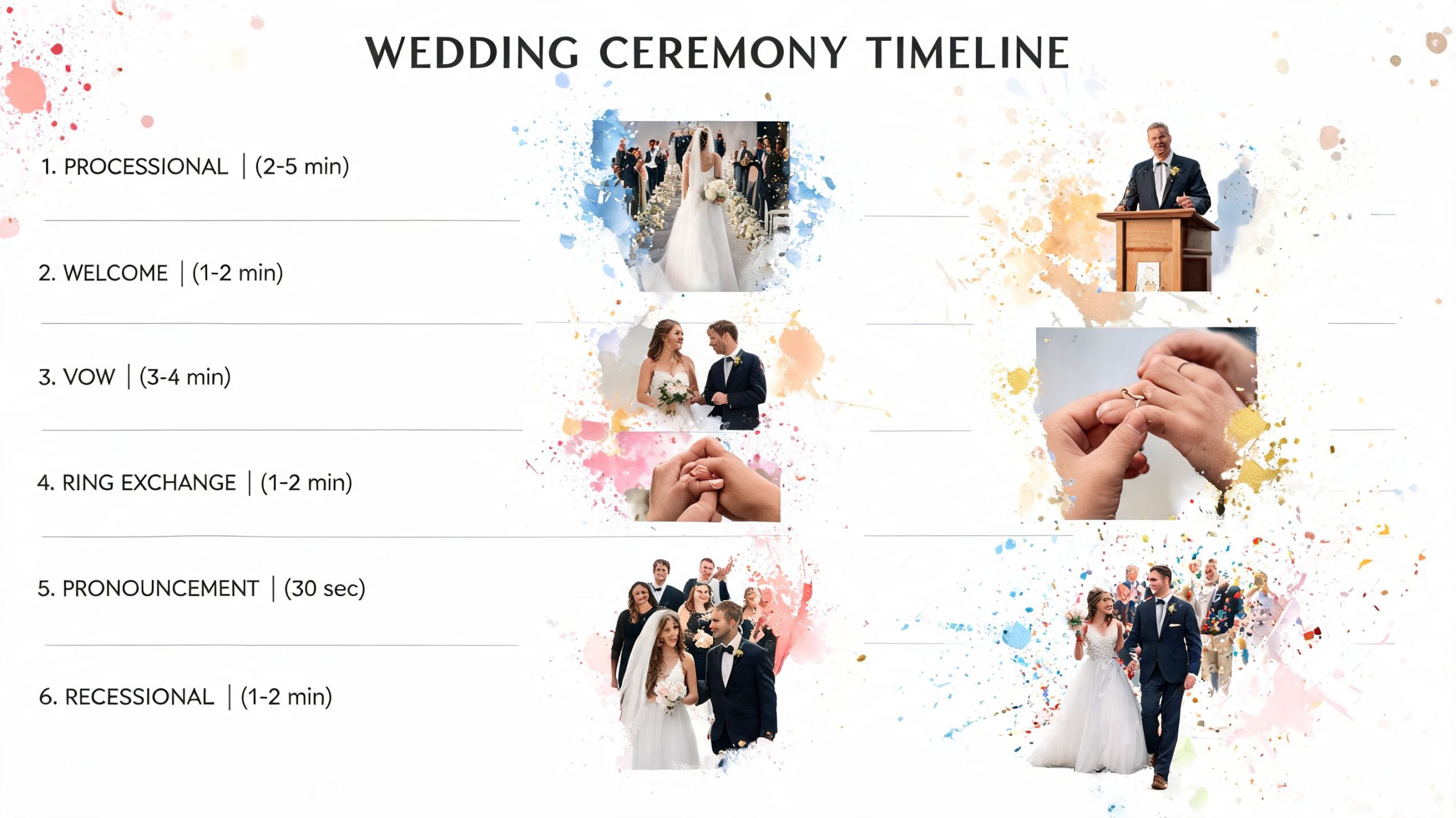 A visual timeline infographic outlining the six standard steps and durations for a wedding ceremony.