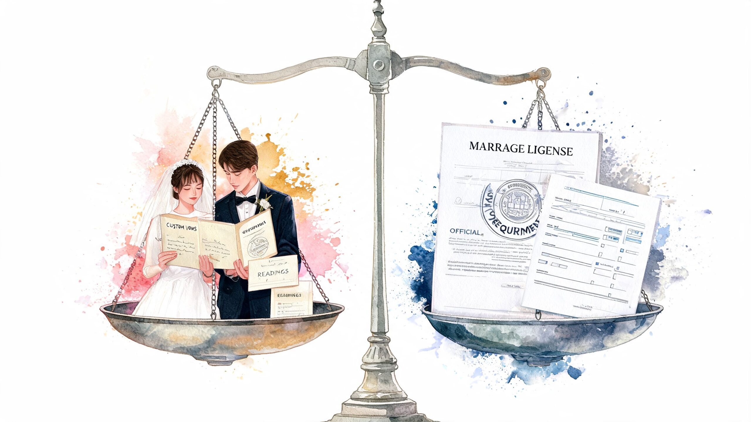 Watercolor illustration of a couple on a scale balancing against their official marriage license document.