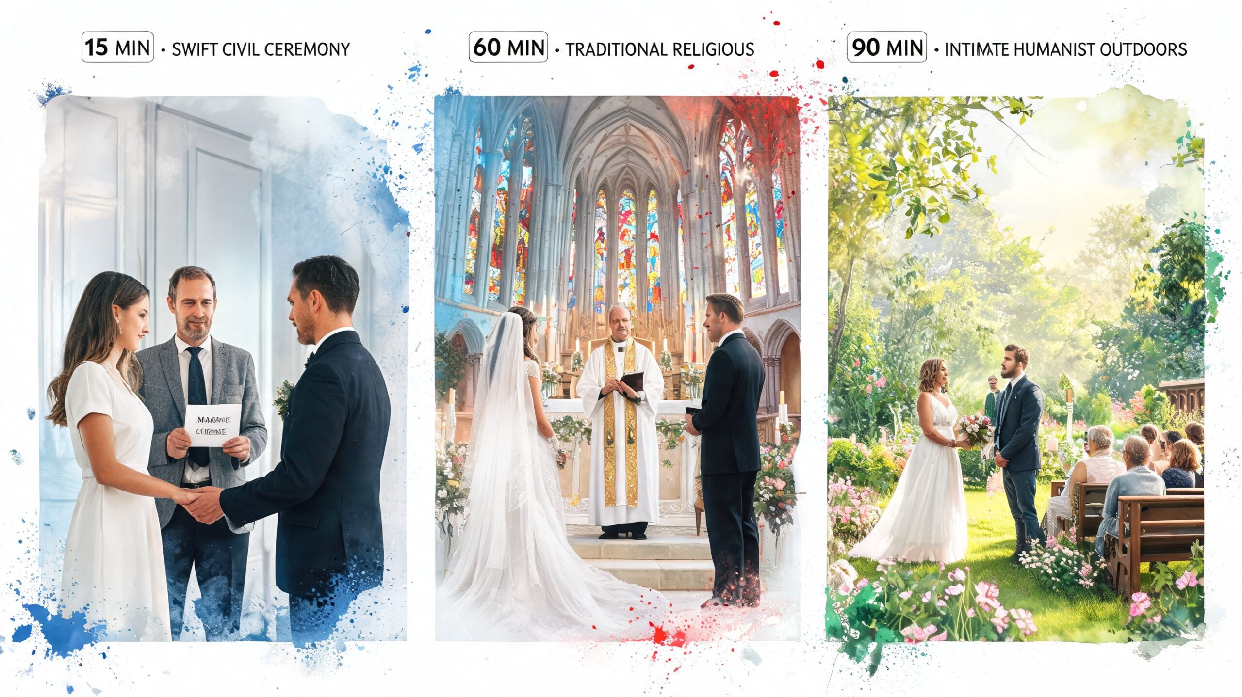 A comparison of three different wedding ceremony lengths and styles, ranging from civil to religious and humanist.