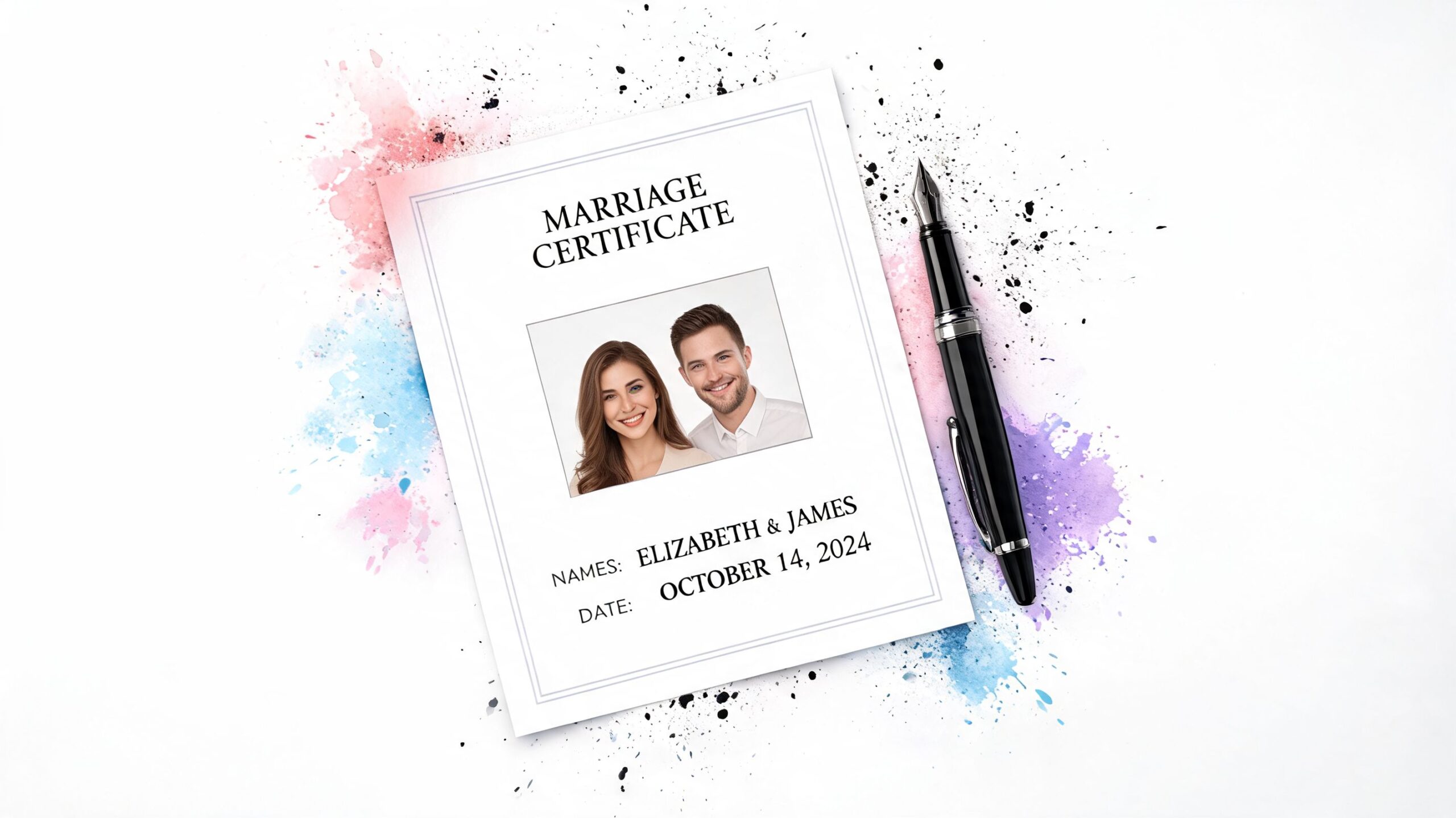 A marriage certificate featuring a photo of a couple with a pen on a watercolor background.