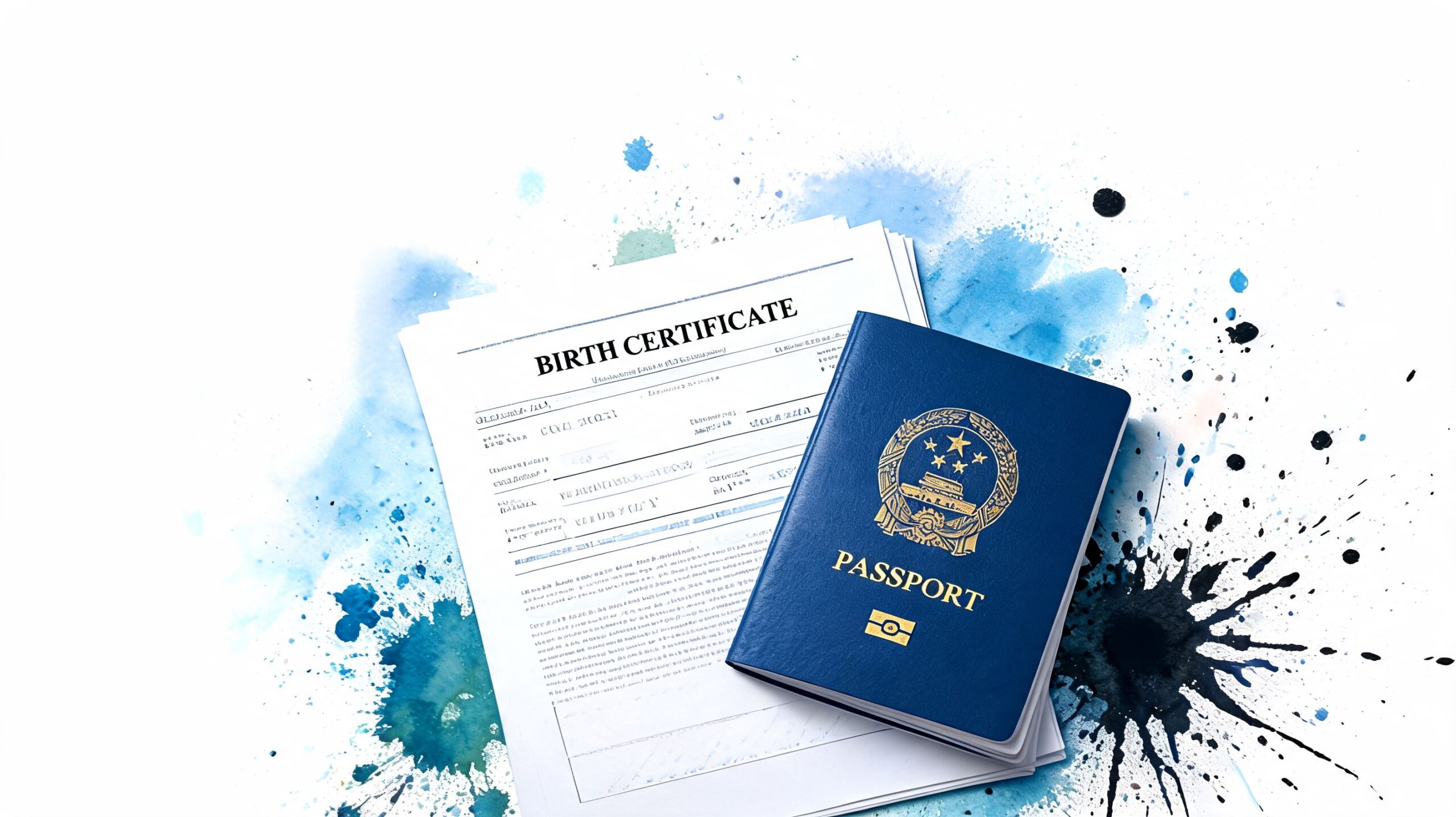 A stack of birth certificate documents placed underneath a blue Chinese passport against a white background.