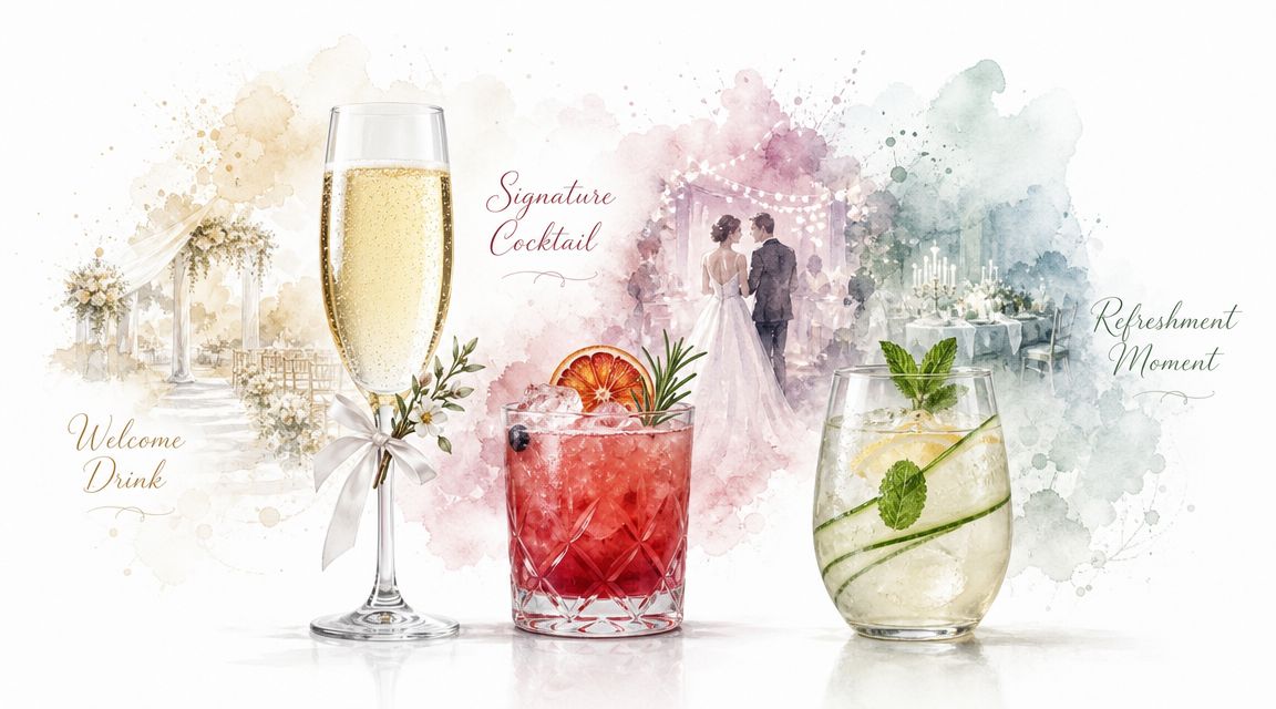 A watercolor-style illustration showcasing a champagne flute, a signature cocktail, and a refreshing drink with a wedding theme.