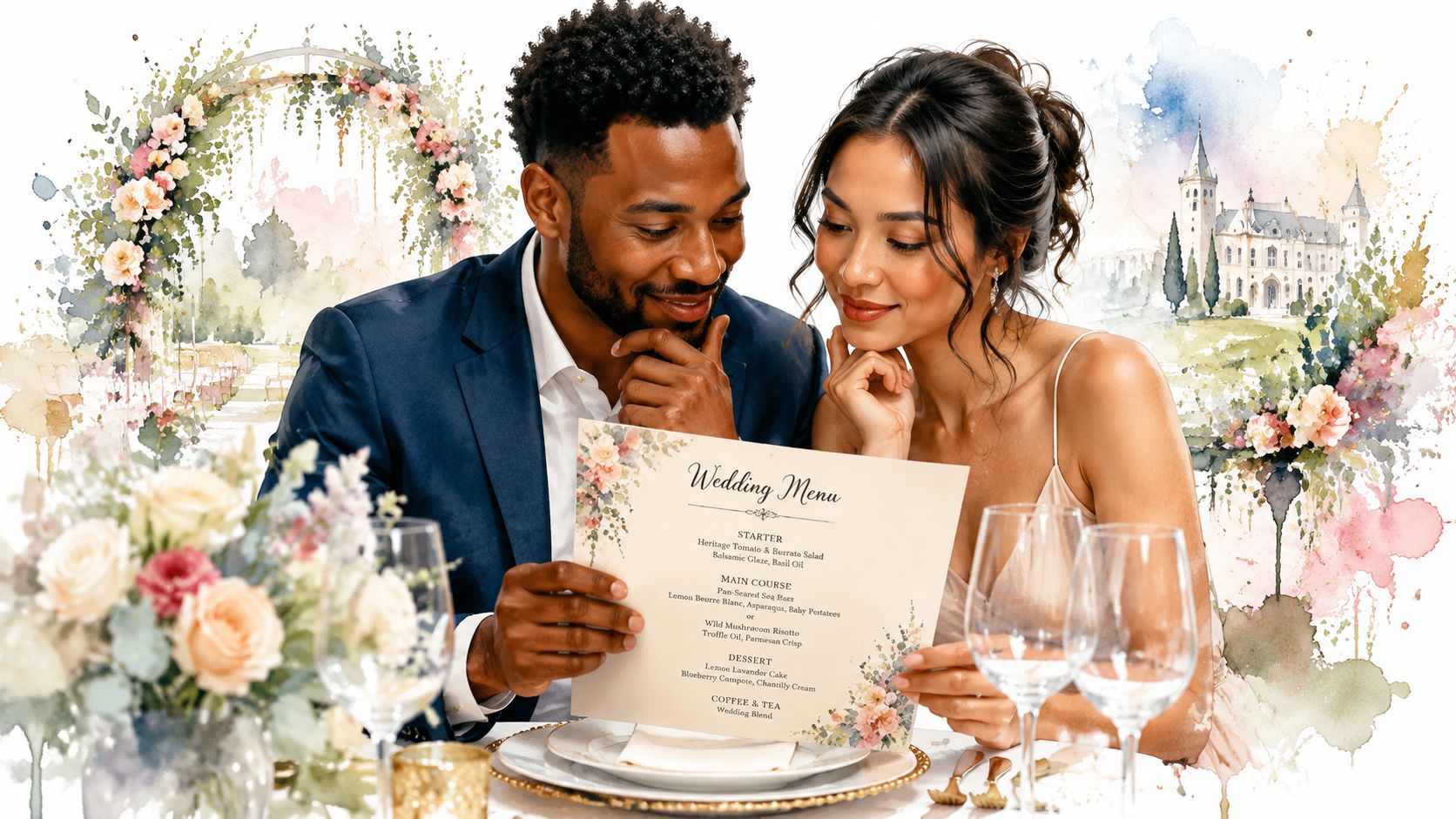 A smiling diverse couple looking at a wedding menu card at a beautifully decorated table.