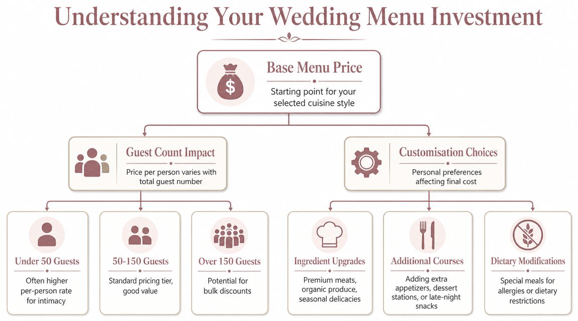 A diagram outlining the factors influencing wedding menu pricing, including guest count and customization choices.