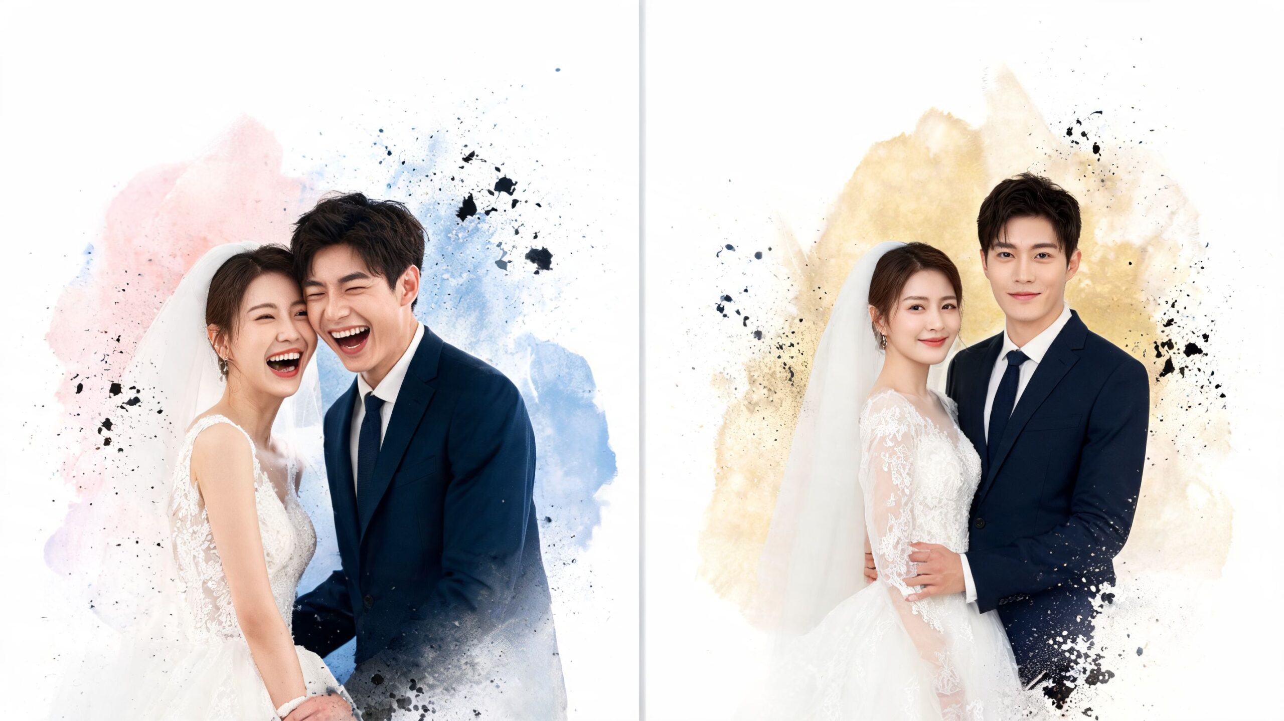 A happy bride and groom in formal wedding attire posed in front of artistic watercolor splashes.