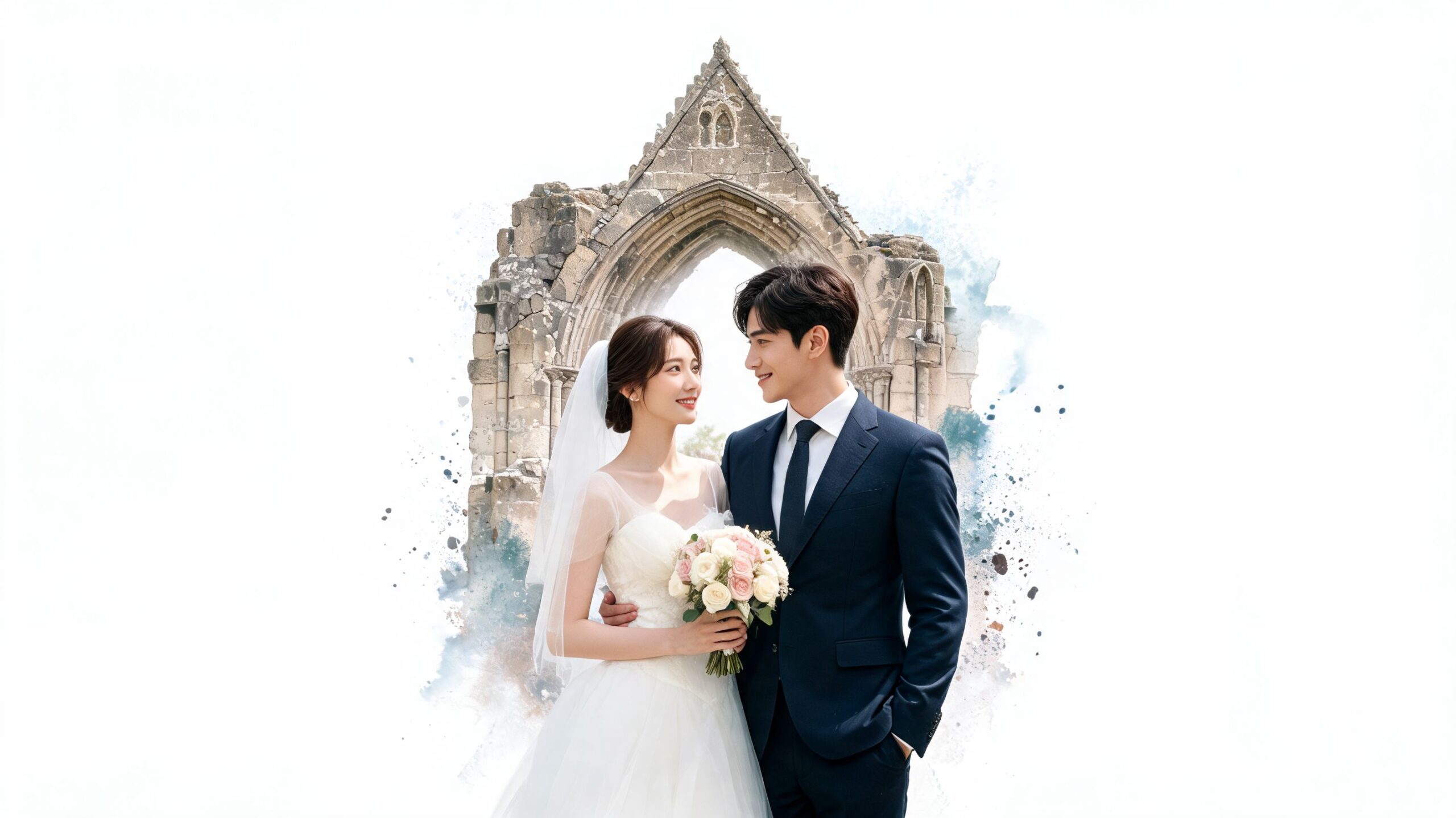 A happy bride and groom gazing at each other in front of a rustic stone church archway.